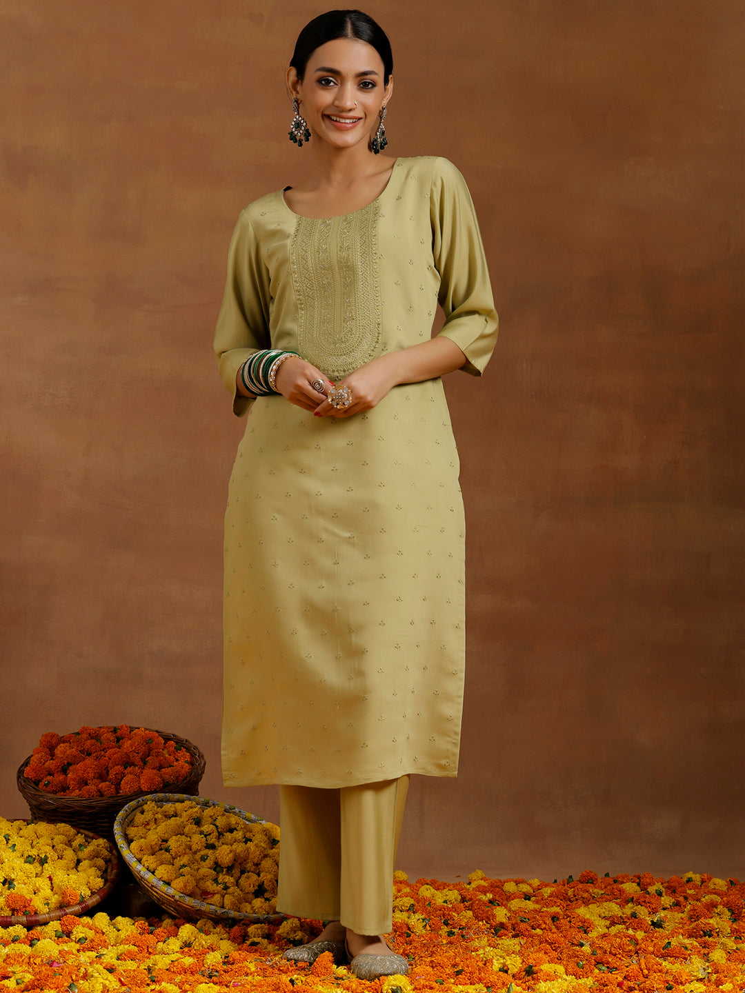 Olive Green Embroidered Silk Blend Straight Kurta Set