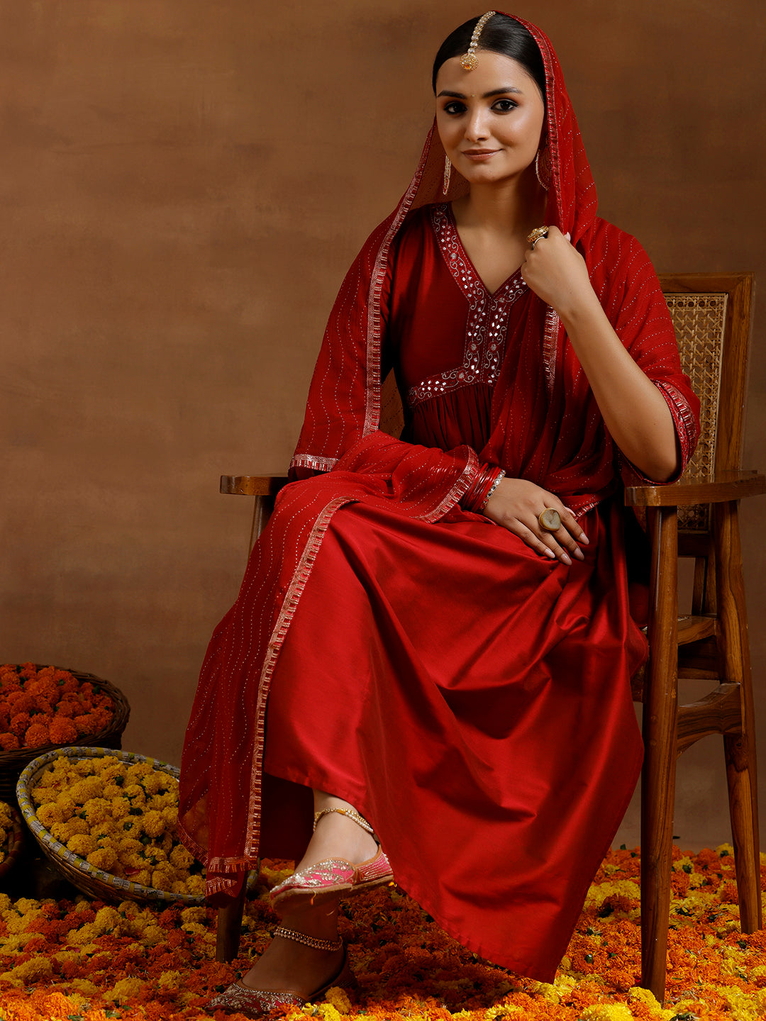 Red Solid Silk Blend A-Line Kurta With Trousers & Dupatta