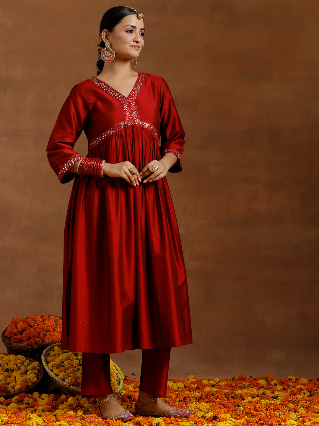 Red Solid Silk Blend A-Line Kurta With Trousers & Dupatta