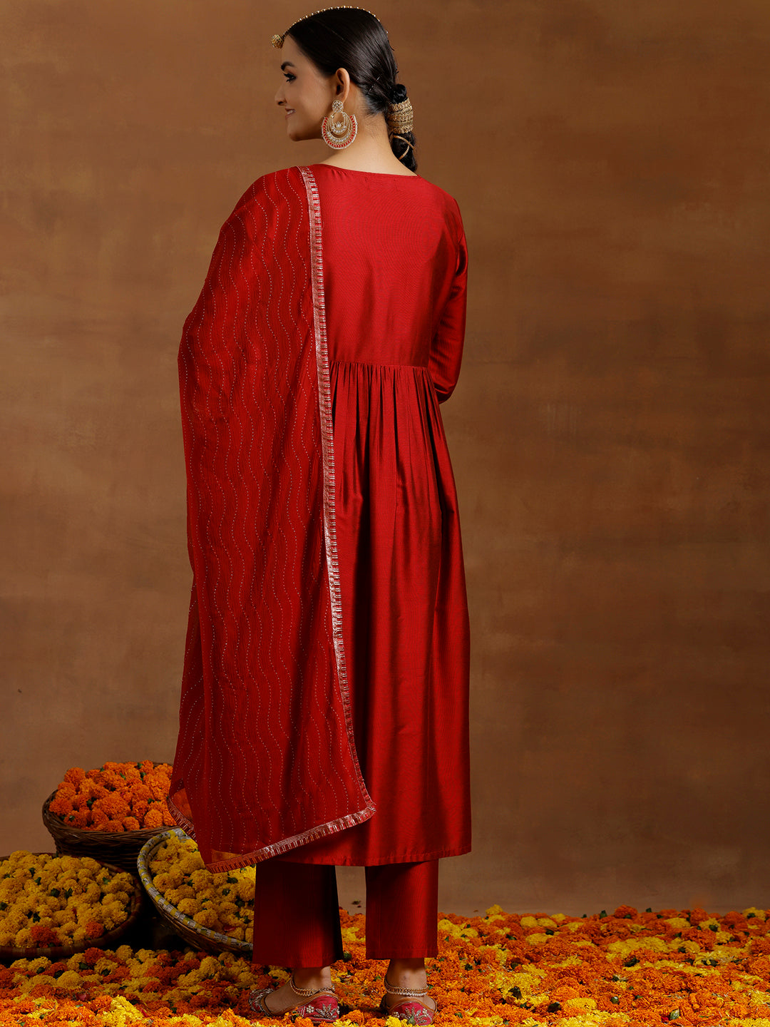 Red Solid Silk Blend A-Line Kurta With Trousers & Dupatta