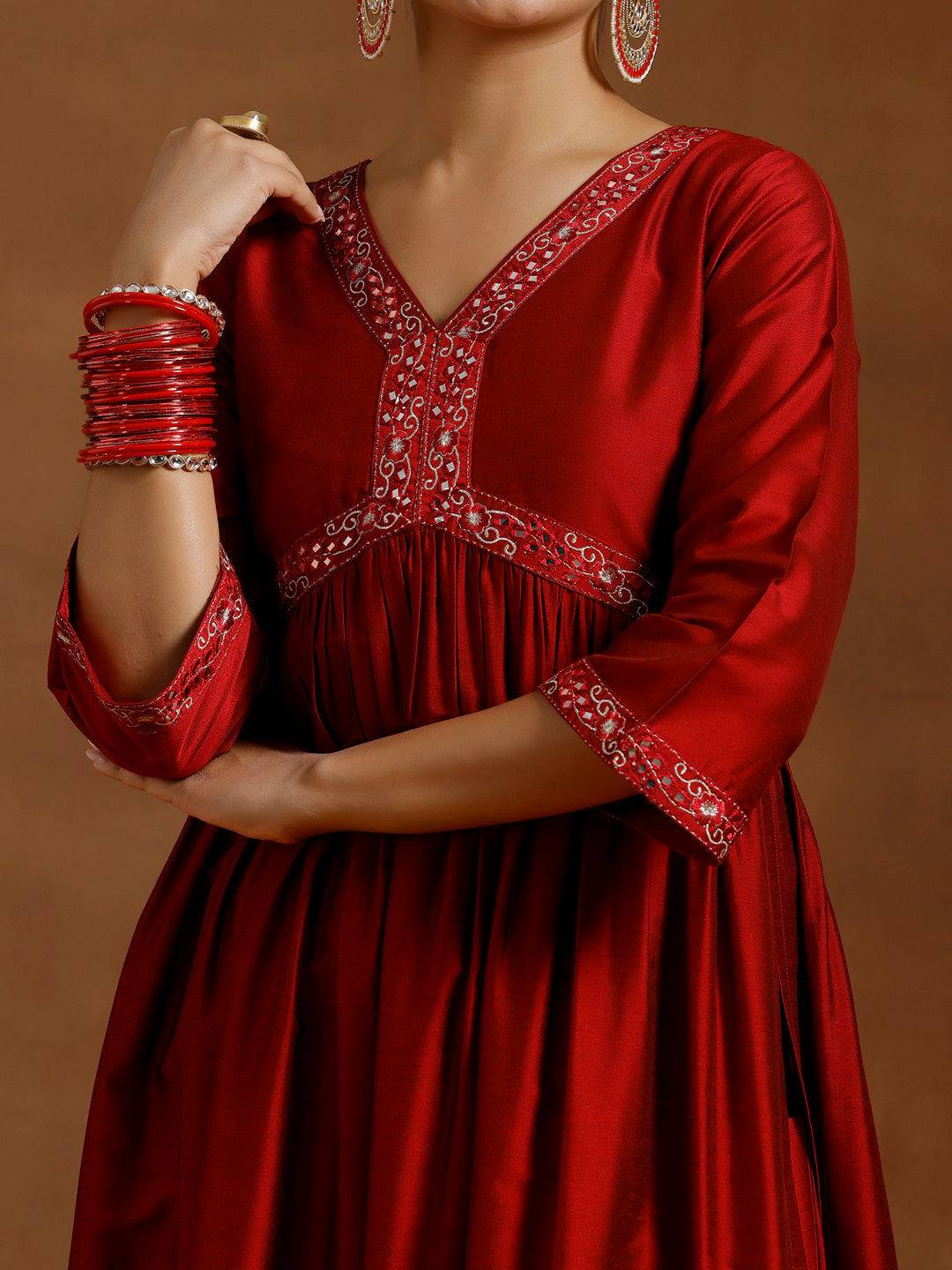 Red Solid Silk Blend A-Line Kurta With Trousers & Dupatta