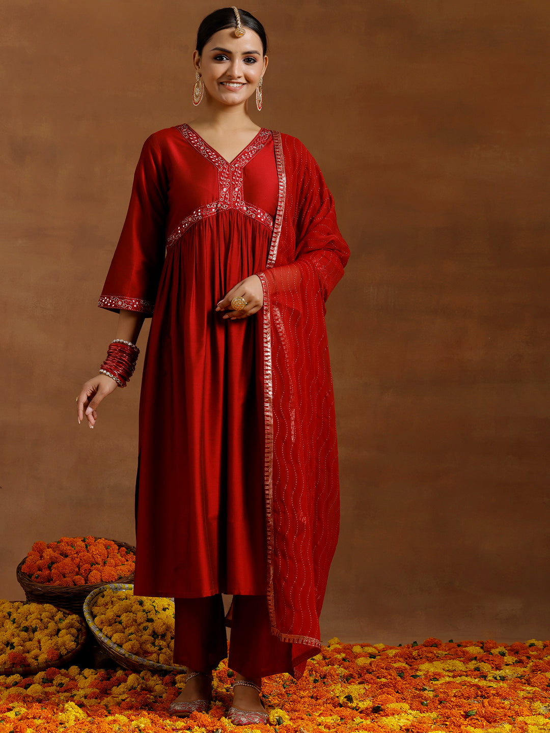 Red Solid Silk Blend A-Line Kurta With Trousers & Dupatta