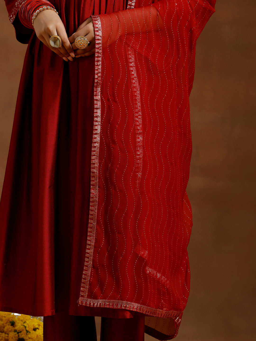 Red Solid Silk Blend A-Line Kurta With Trousers & Dupatta