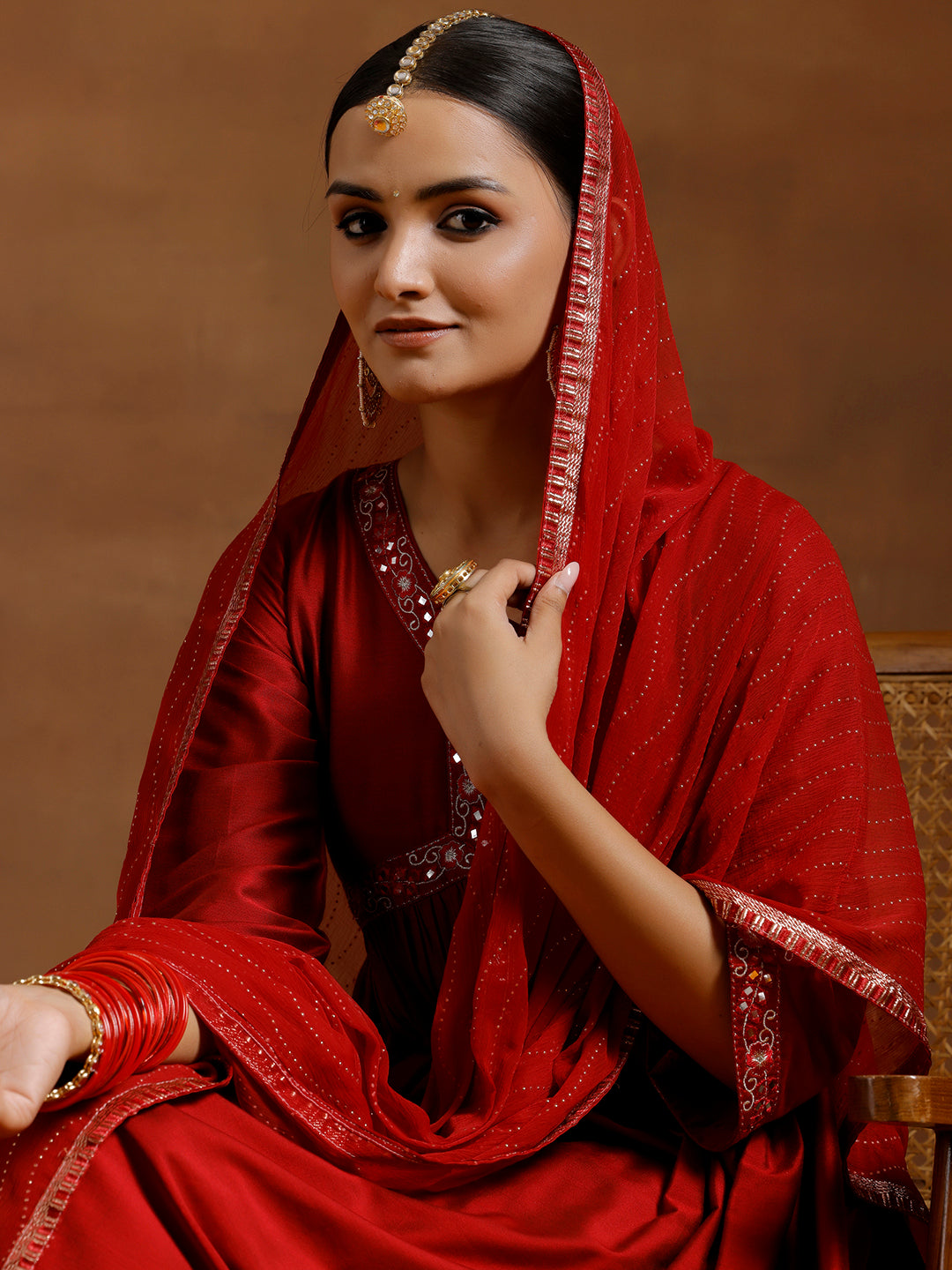 Red Solid Silk Blend A-Line Kurta With Trousers & Dupatta