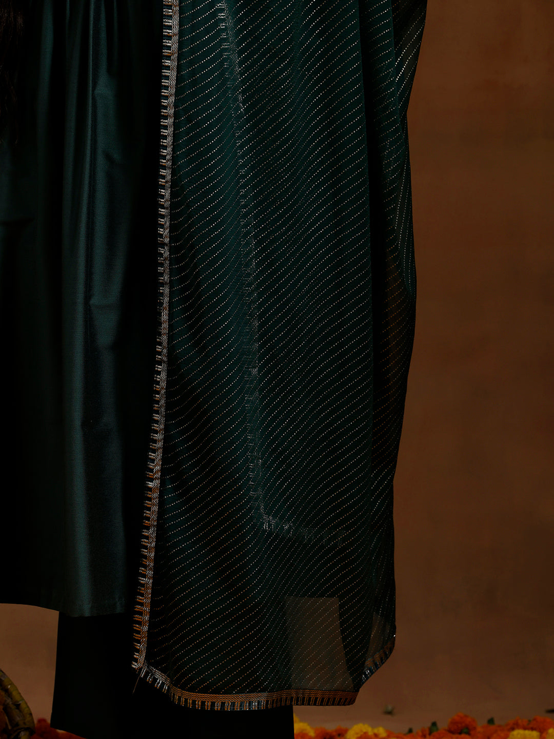 Green Solid Silk Blend A-Line Kurta With Trousers & Dupatta