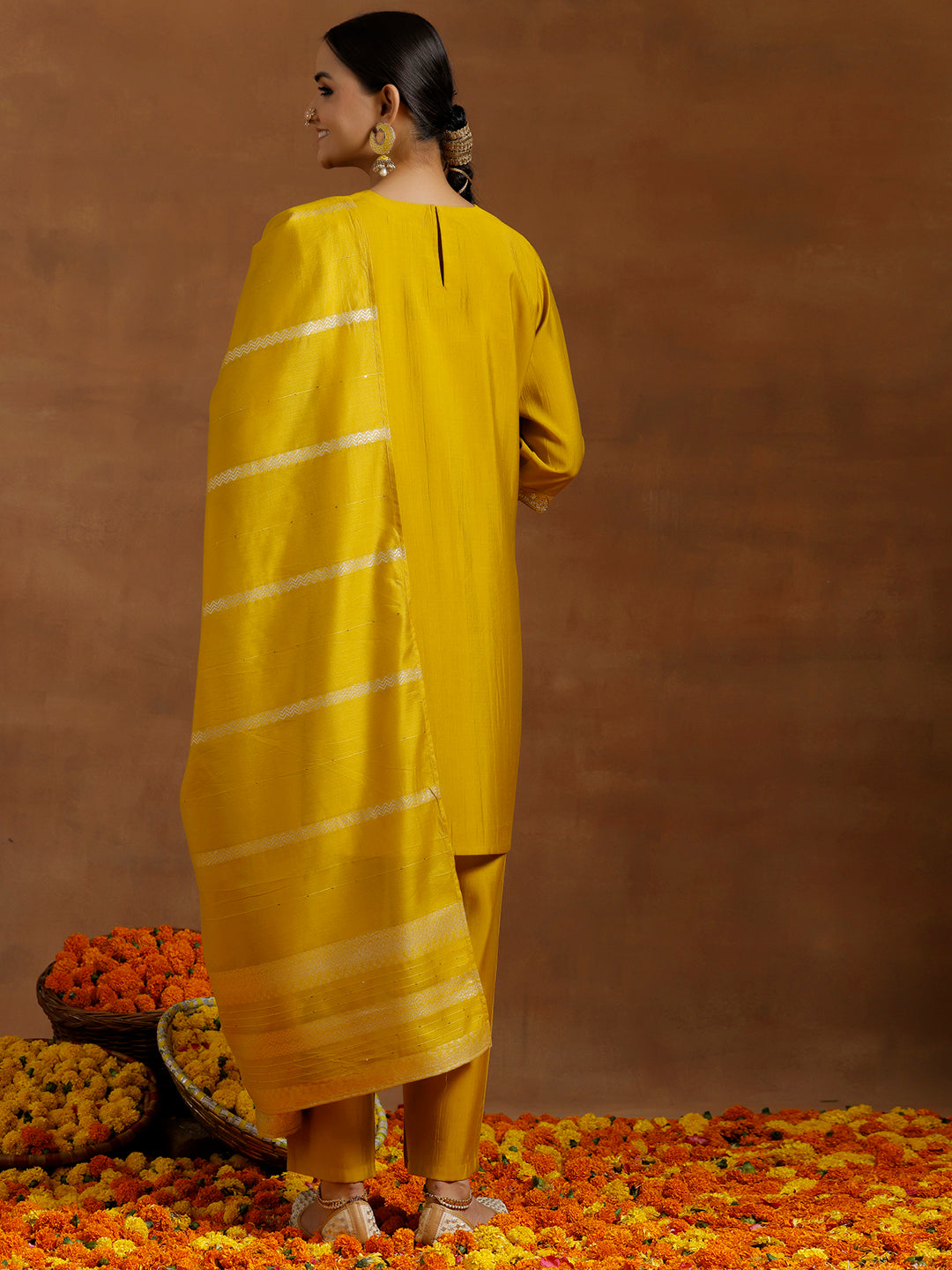 Yellow Yoke Design Silk Blend Straight Suit With Dupatta