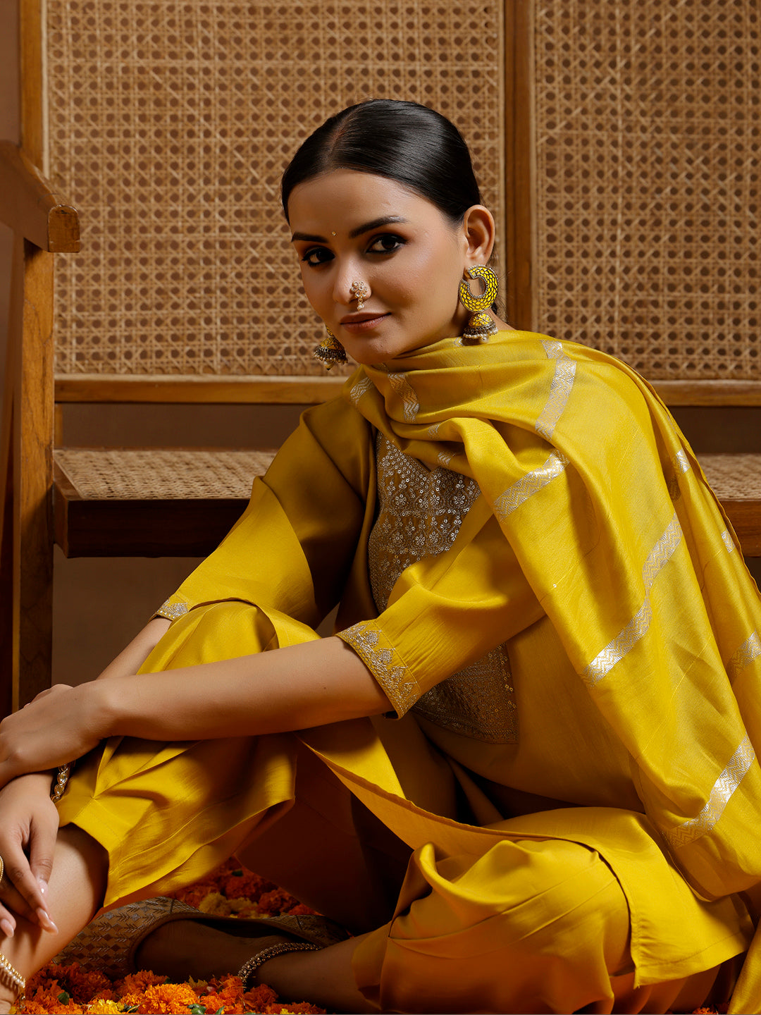 Yellow Yoke Design Silk Blend Straight Suit With Dupatta