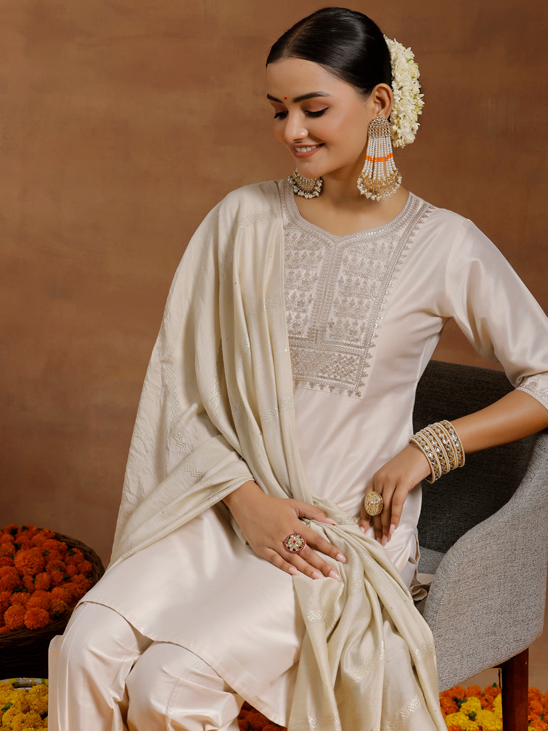 Off White Yoke Design Silk Blend Straight Suit With Dupatta