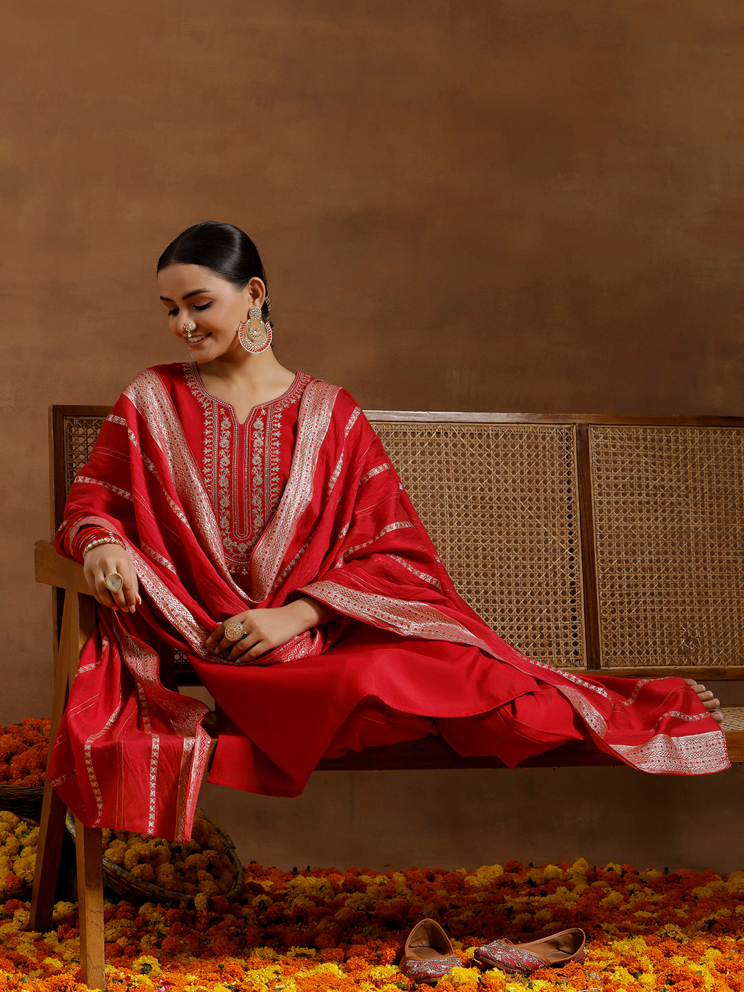 Red Yoke Design Silk Blend Straight Suit With Dupatta