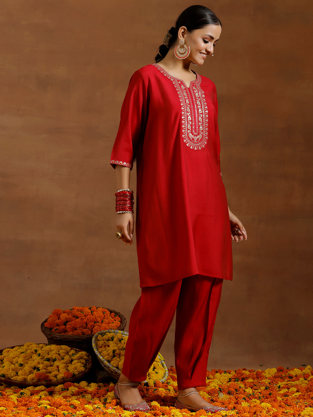 Red Yoke Design Silk Blend Straight Suit With Dupatta