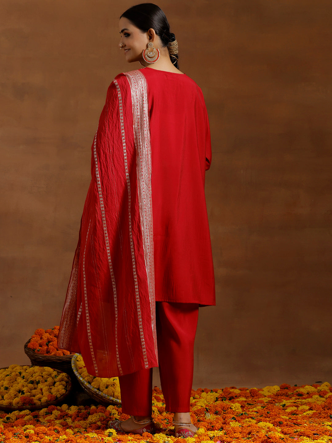 Red Yoke Design Silk Blend Straight Suit With Dupatta