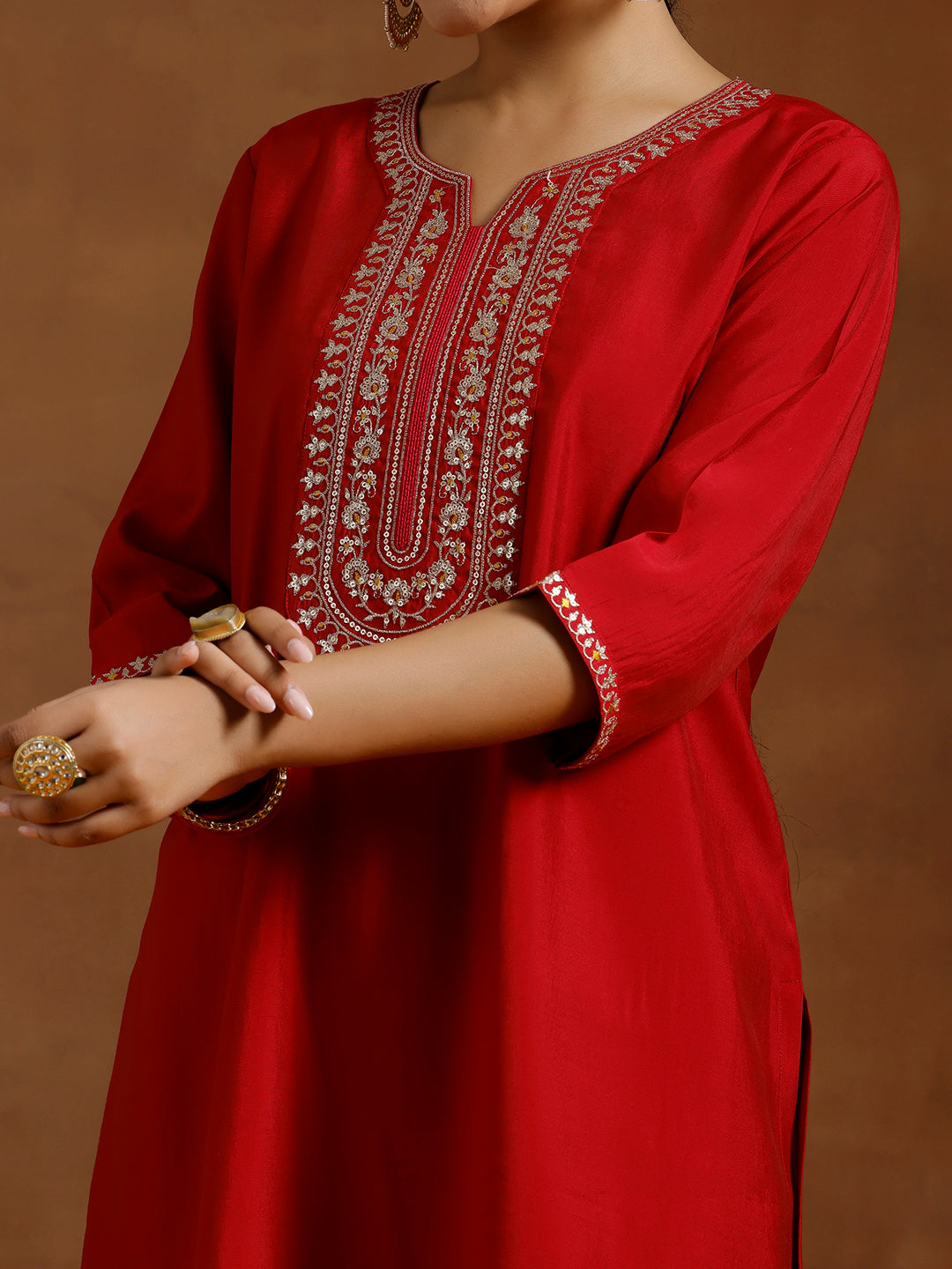 Red Yoke Design Silk Blend Straight Suit With Dupatta