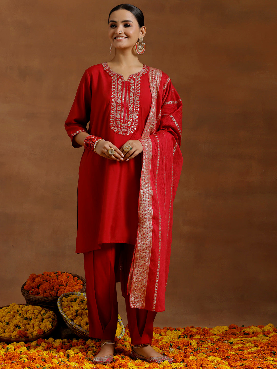 Red Yoke Design Silk Blend Straight Suit With Dupatta