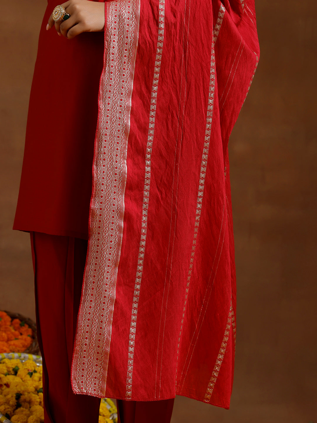 Red Yoke Design Silk Blend Straight Suit With Dupatta