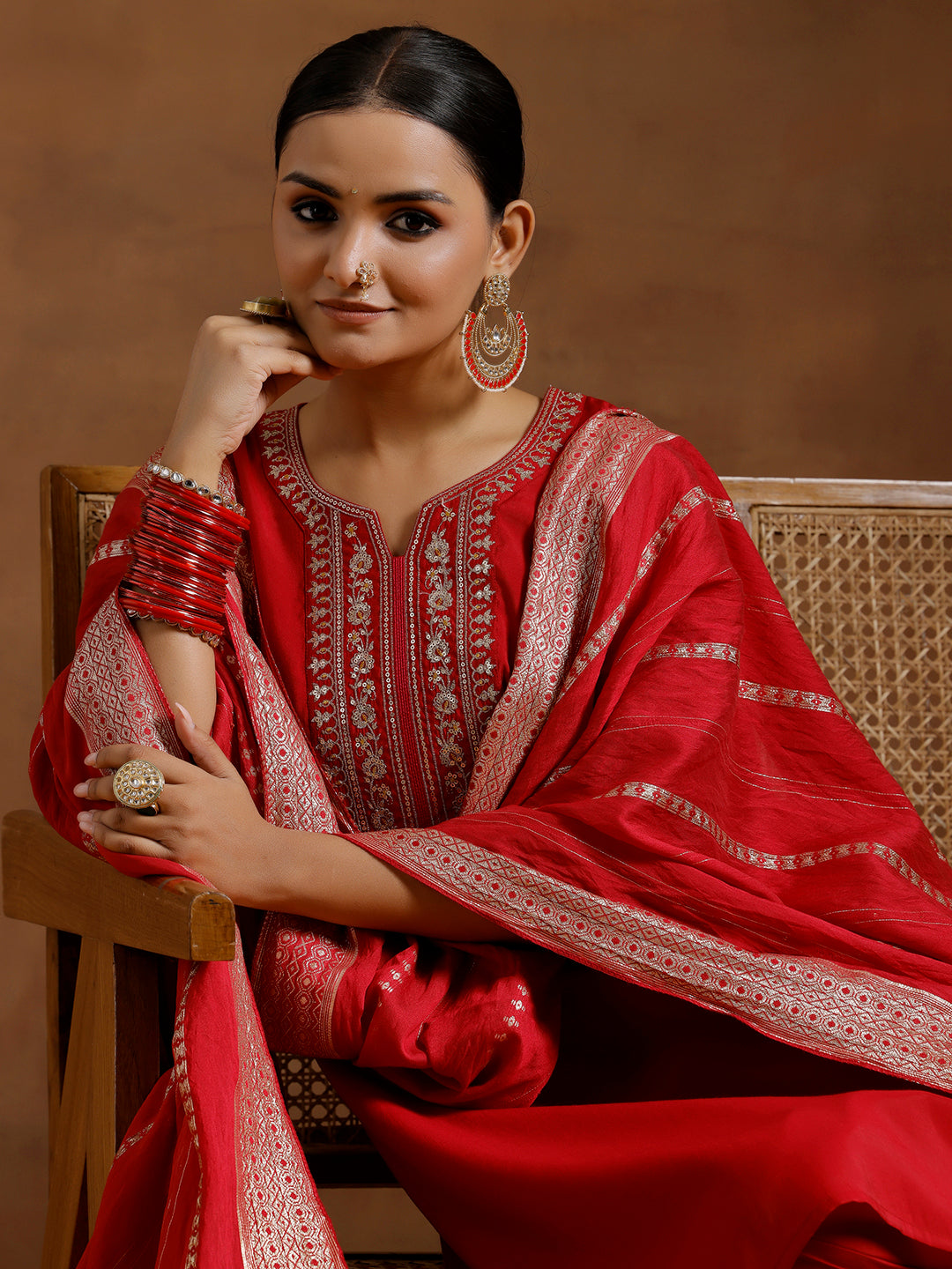 Red Yoke Design Silk Blend Straight Suit With Dupatta