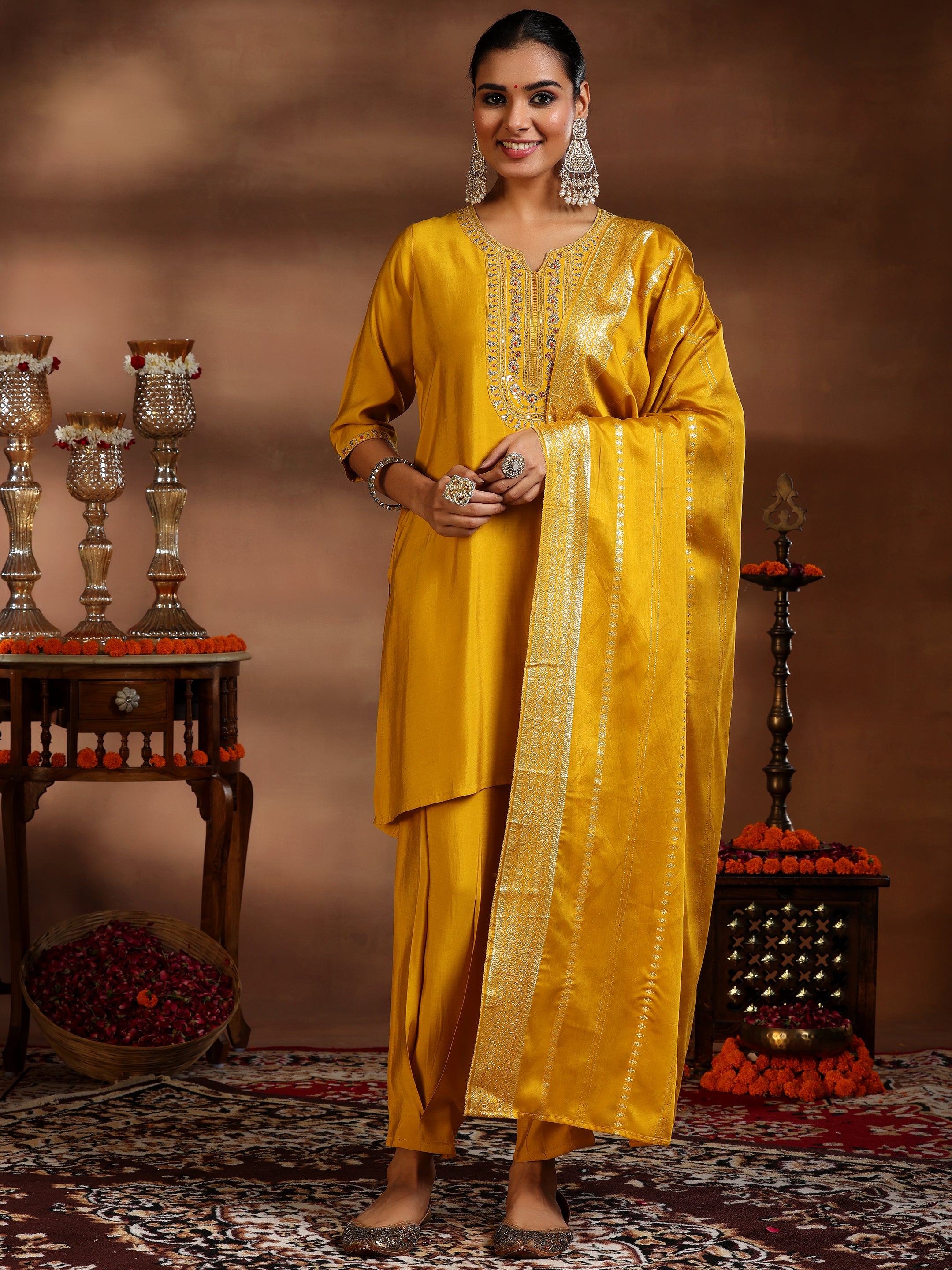 Yellow Yoke Design Silk Blend Straight Suit With Dupatta