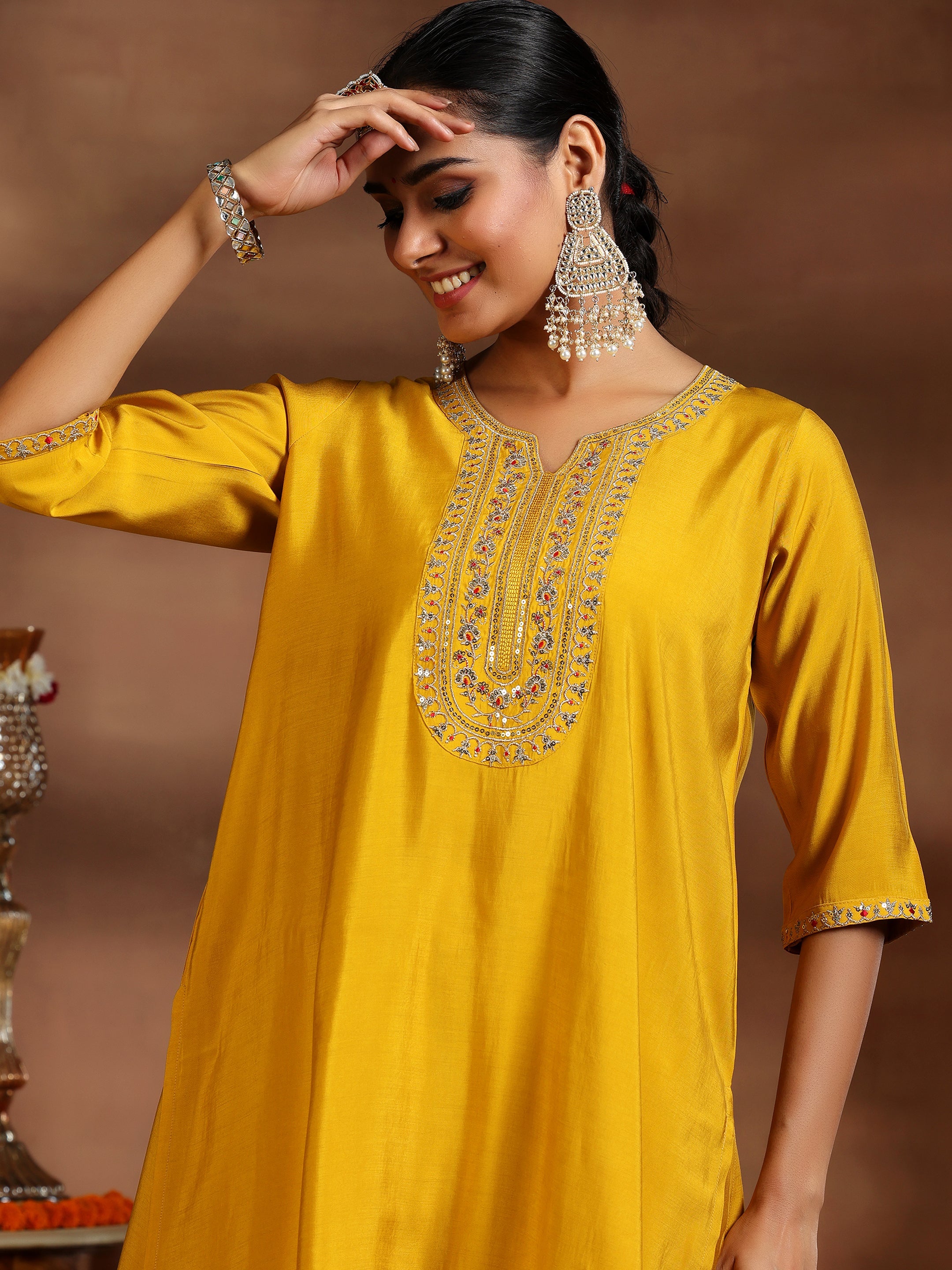 Yellow Yoke Design Silk Blend Straight Suit With Dupatta