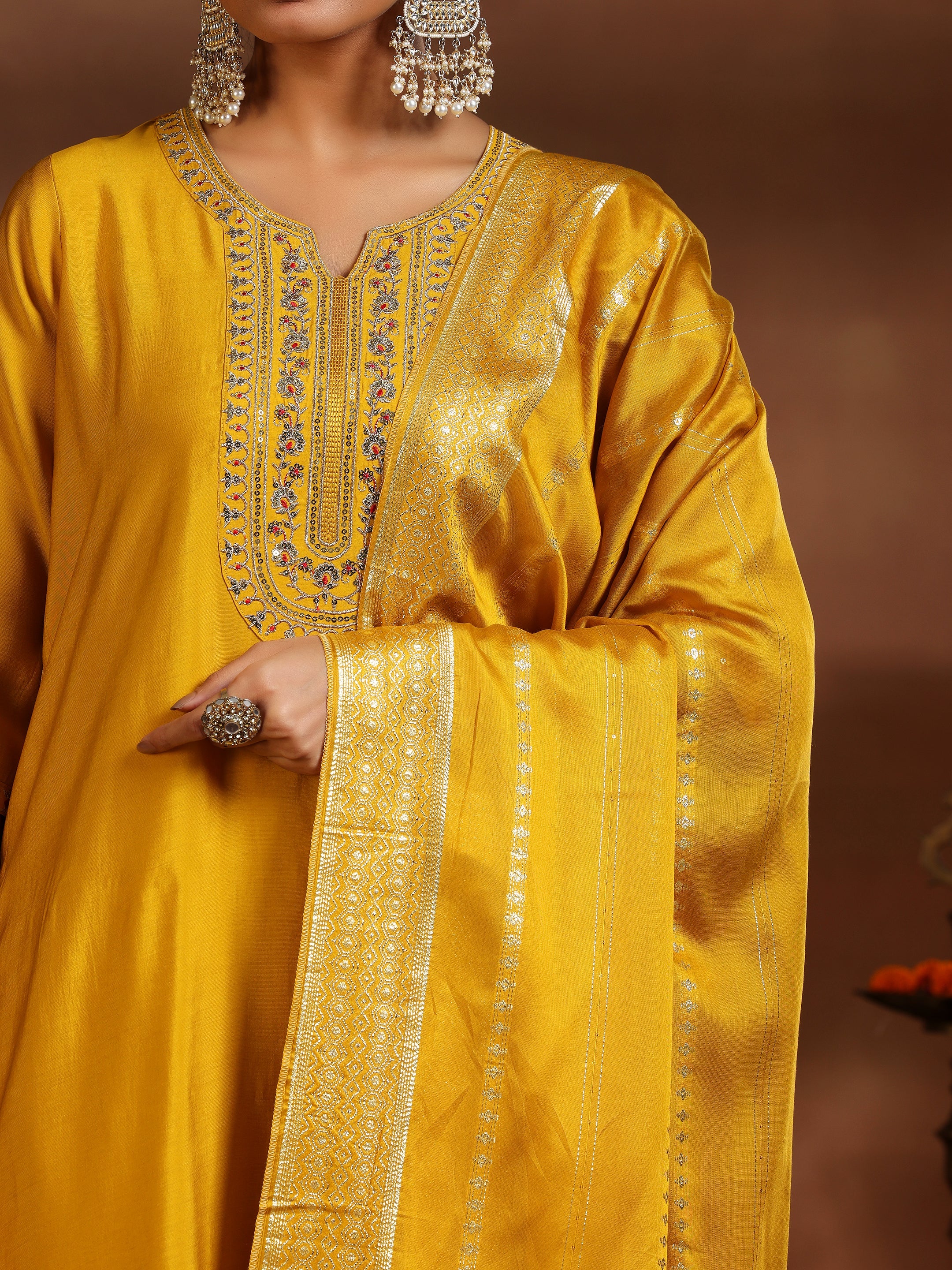 Yellow Yoke Design Silk Blend Straight Suit With Dupatta