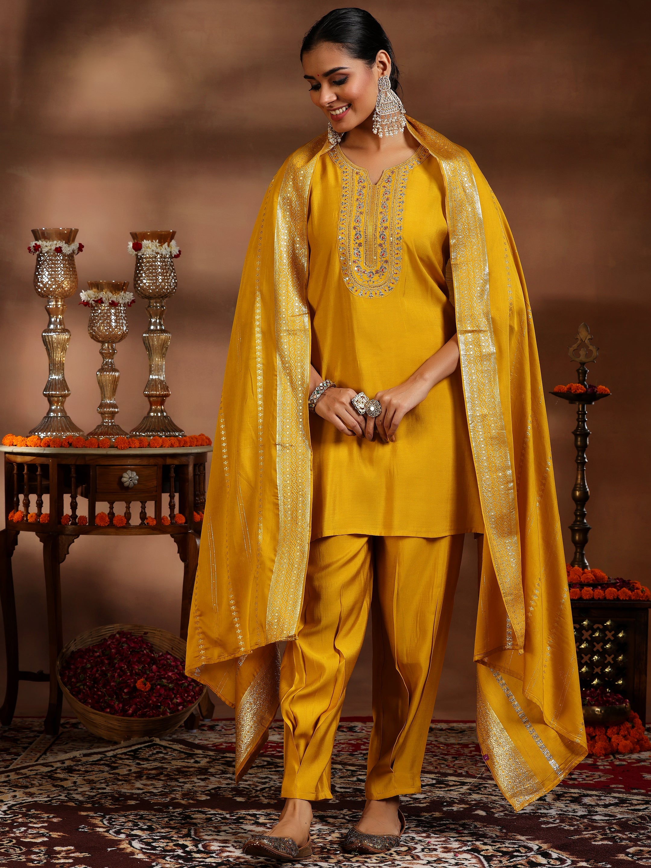 Yellow Yoke Design Silk Blend Straight Suit With Dupatta