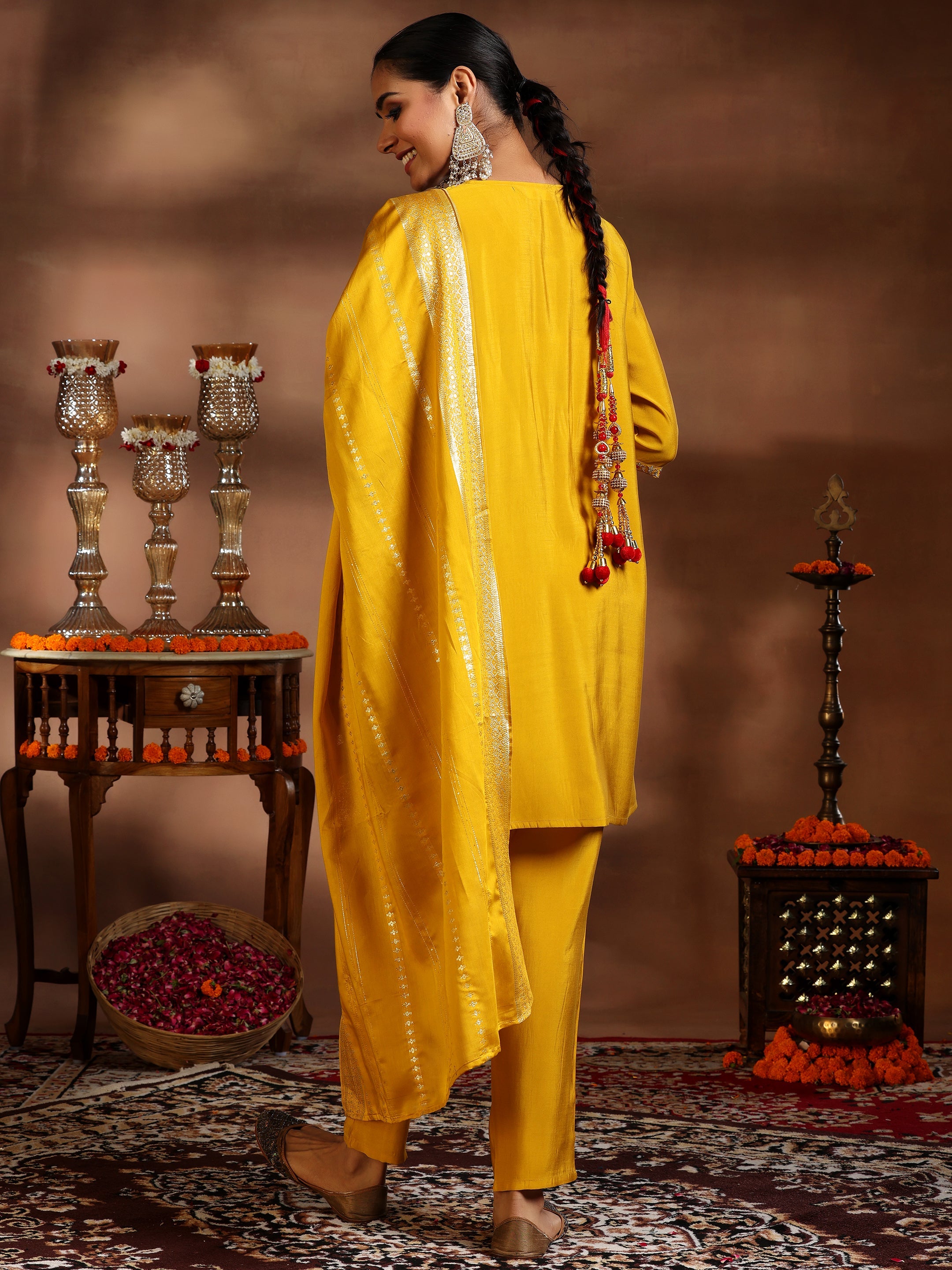 Yellow Yoke Design Silk Blend Straight Suit With Dupatta