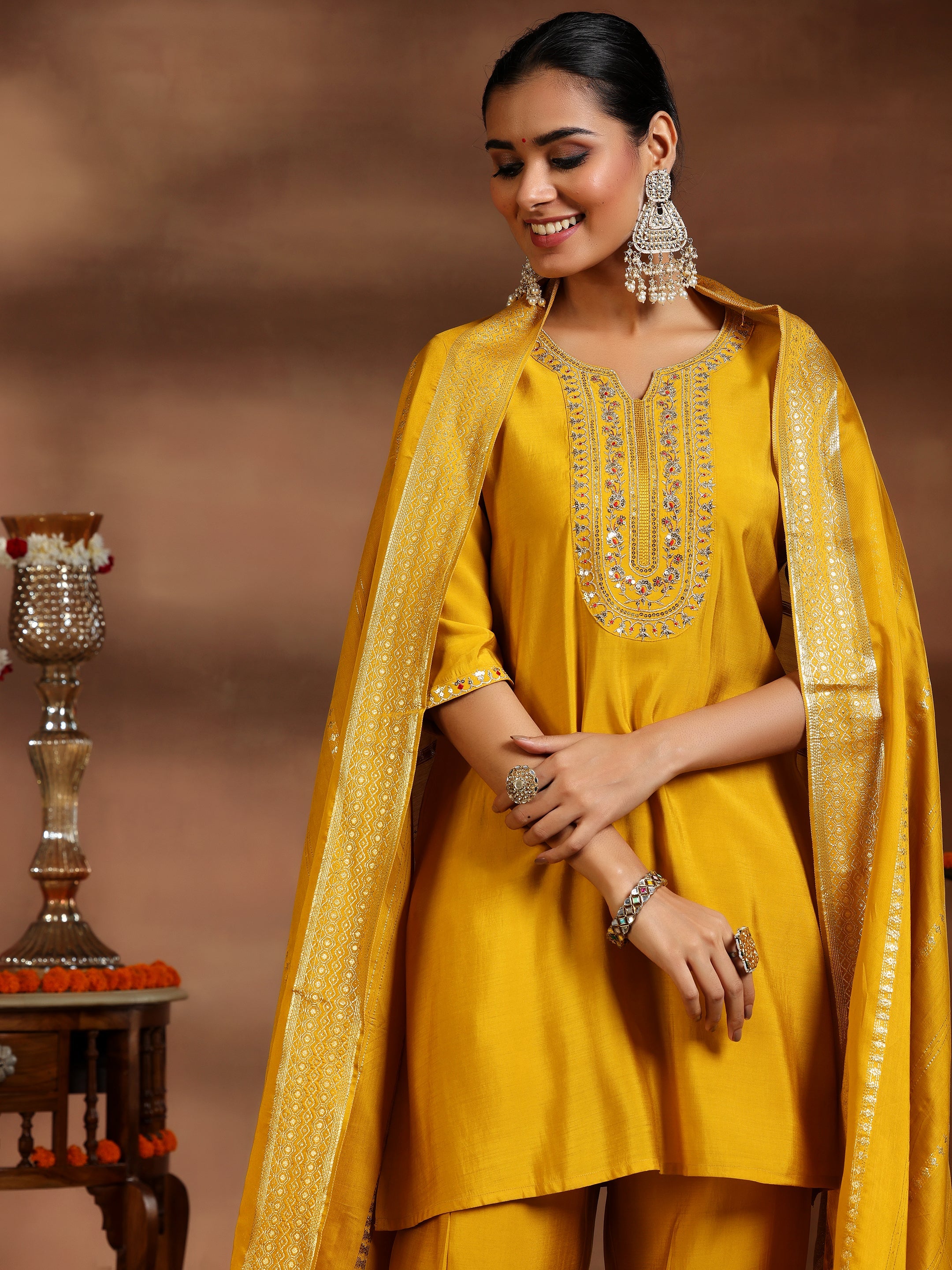 Yellow Yoke Design Silk Blend Straight Suit With Dupatta