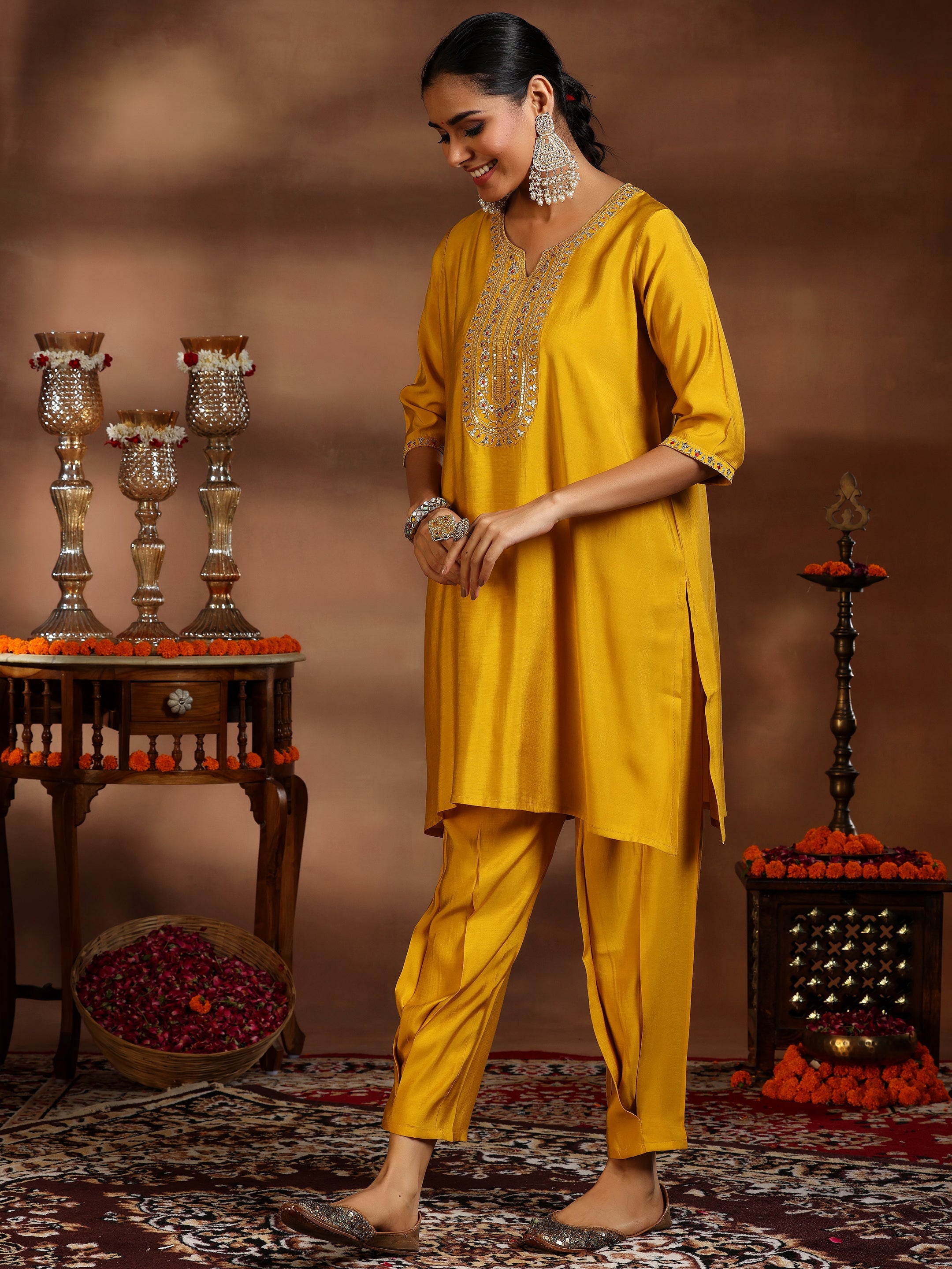 Yellow Yoke Design Silk Blend Straight Suit With Dupatta