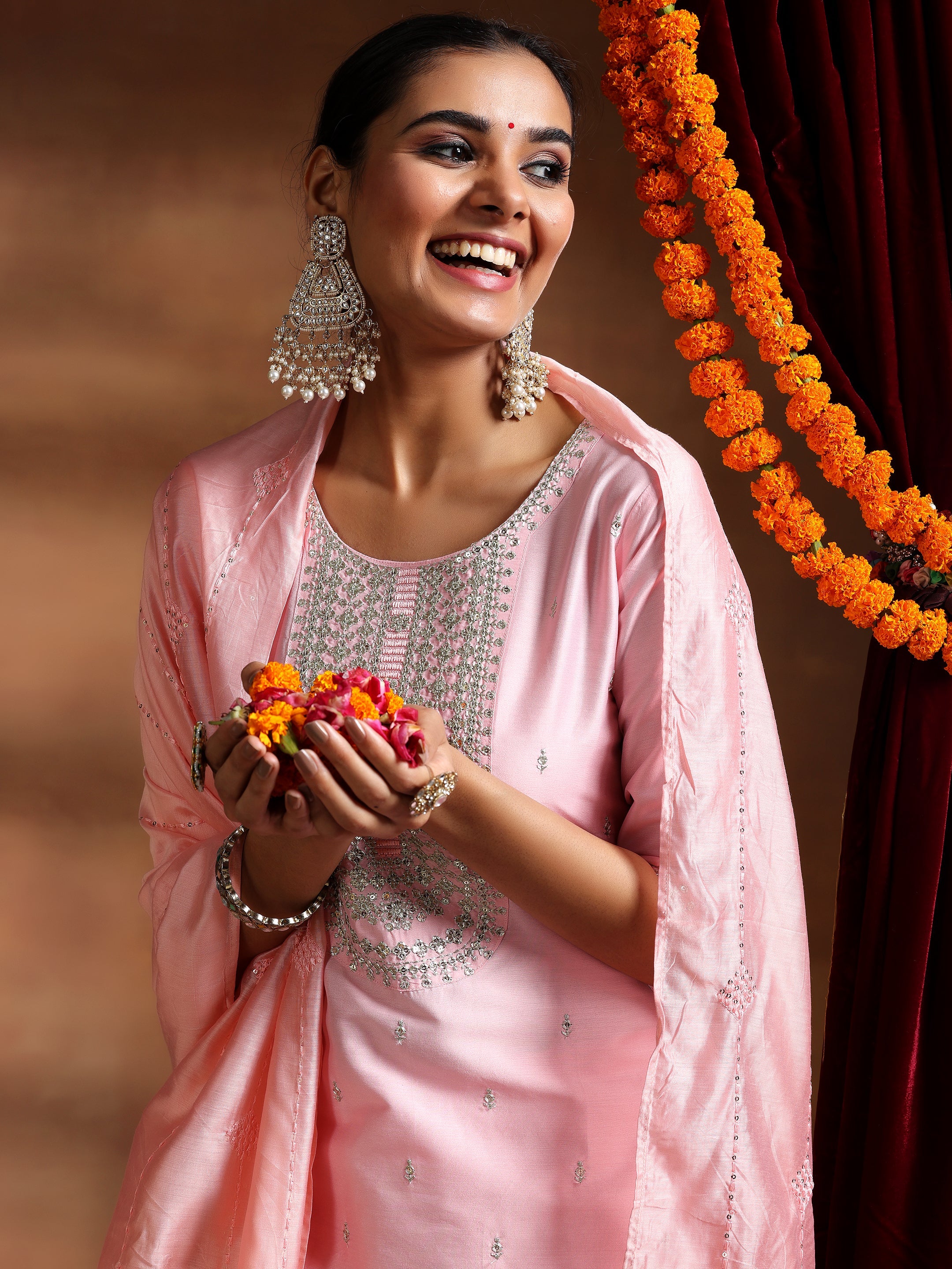 Pink Embroidered Silk Blend Straight Suit With Dupatta