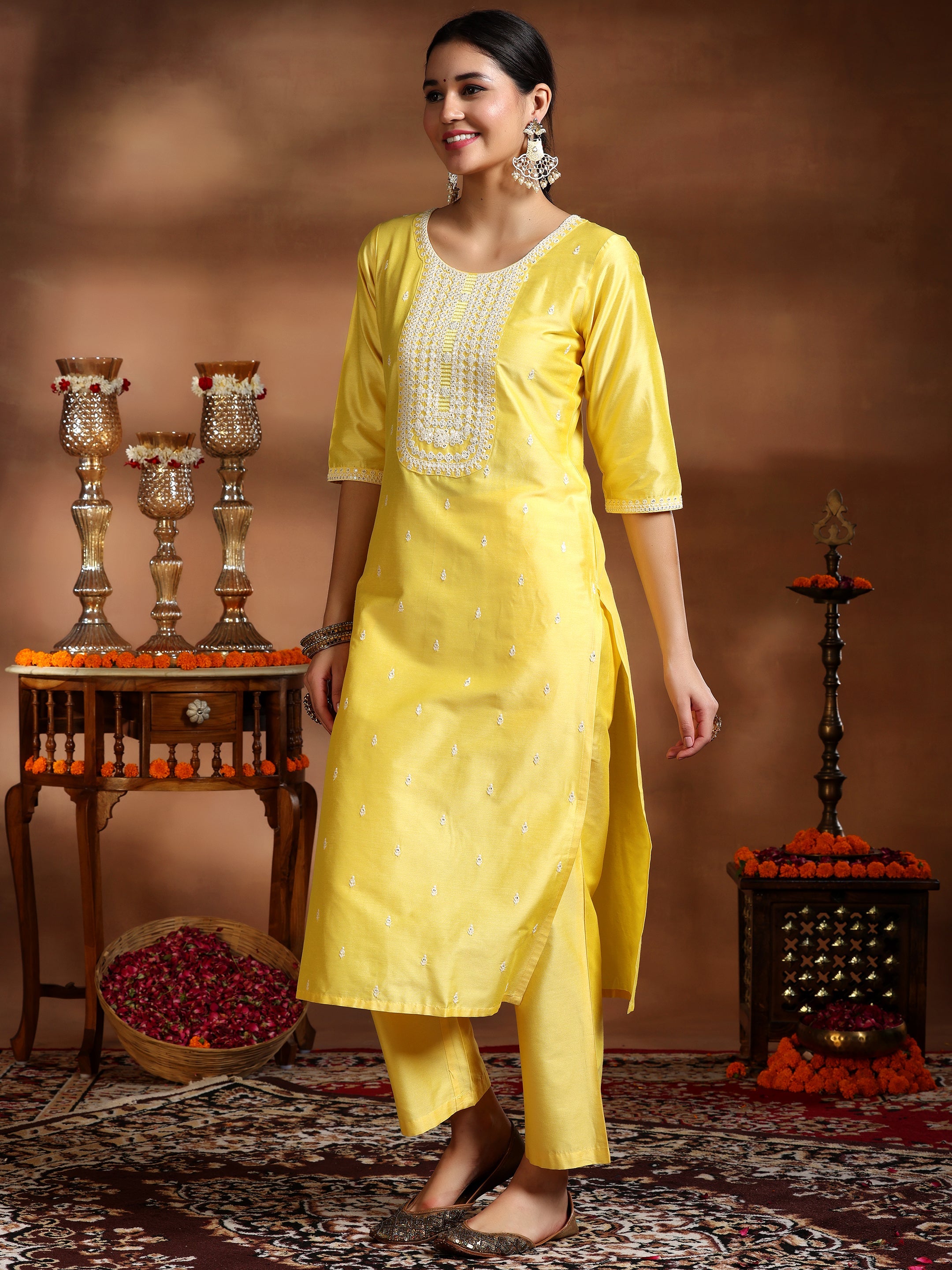 Yellow Embroidered Silk Blend Straight Suit With Dupatta