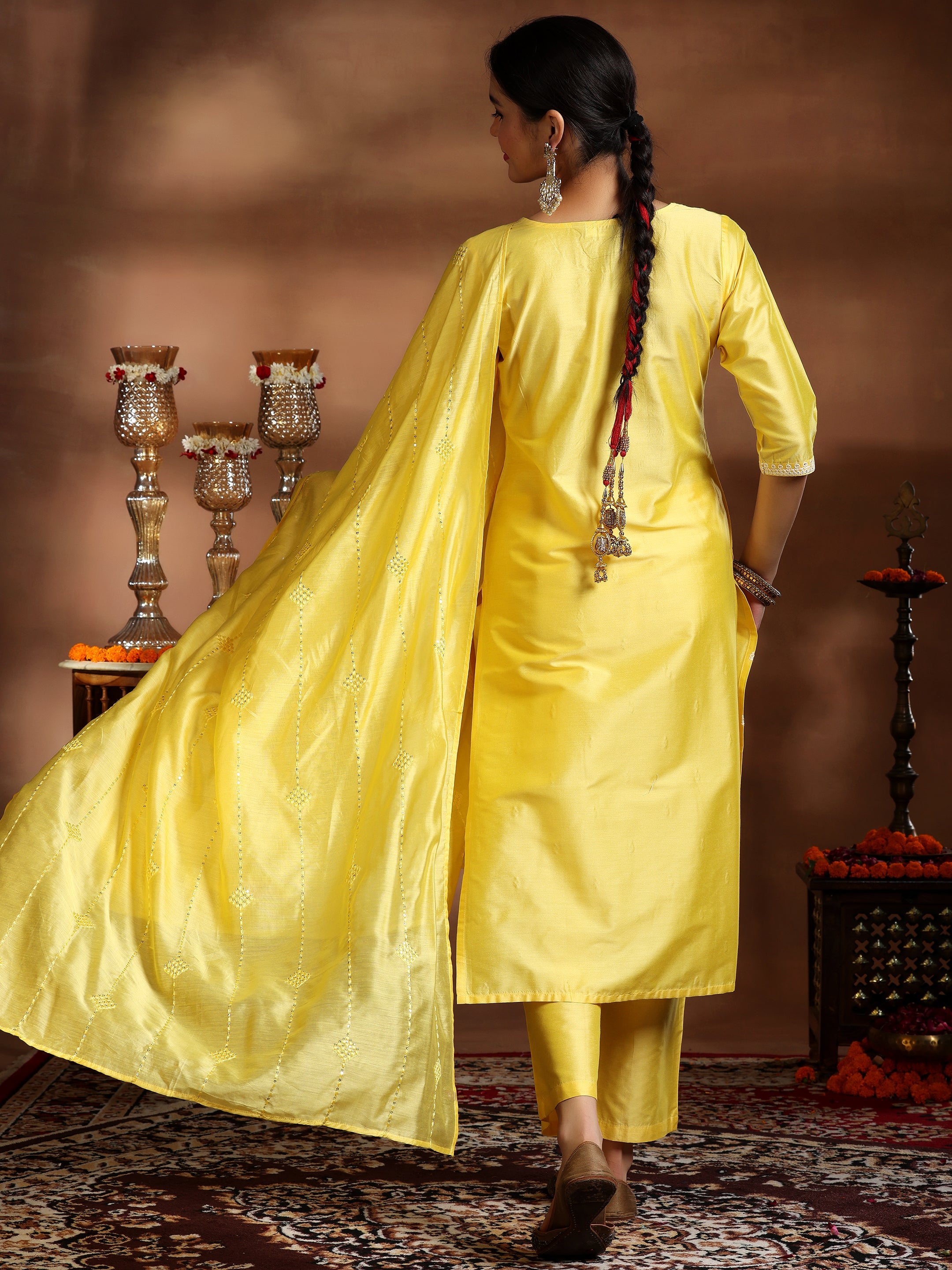 Yellow Embroidered Silk Blend Straight Suit With Dupatta