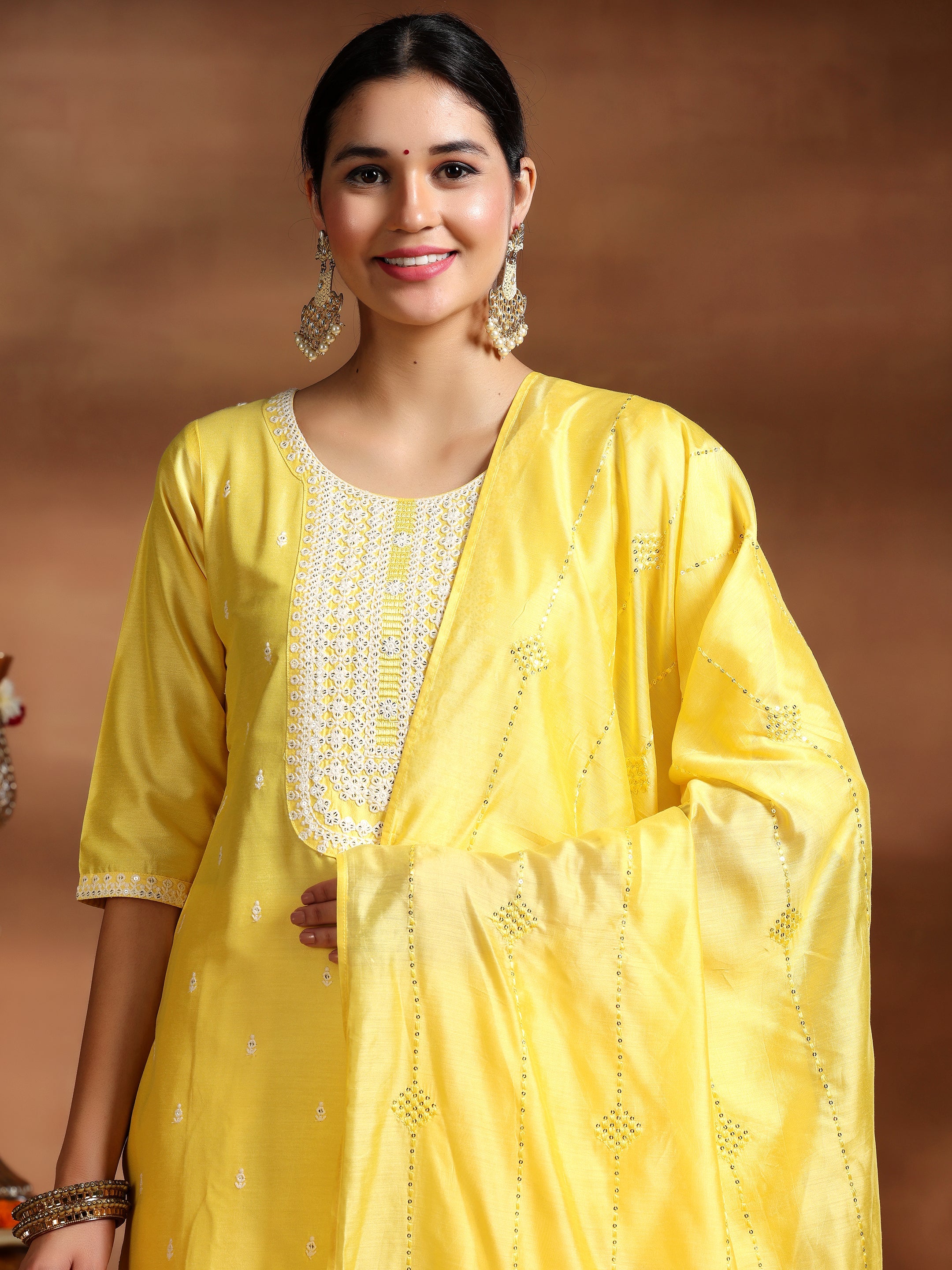 Yellow Embroidered Silk Blend Straight Suit With Dupatta