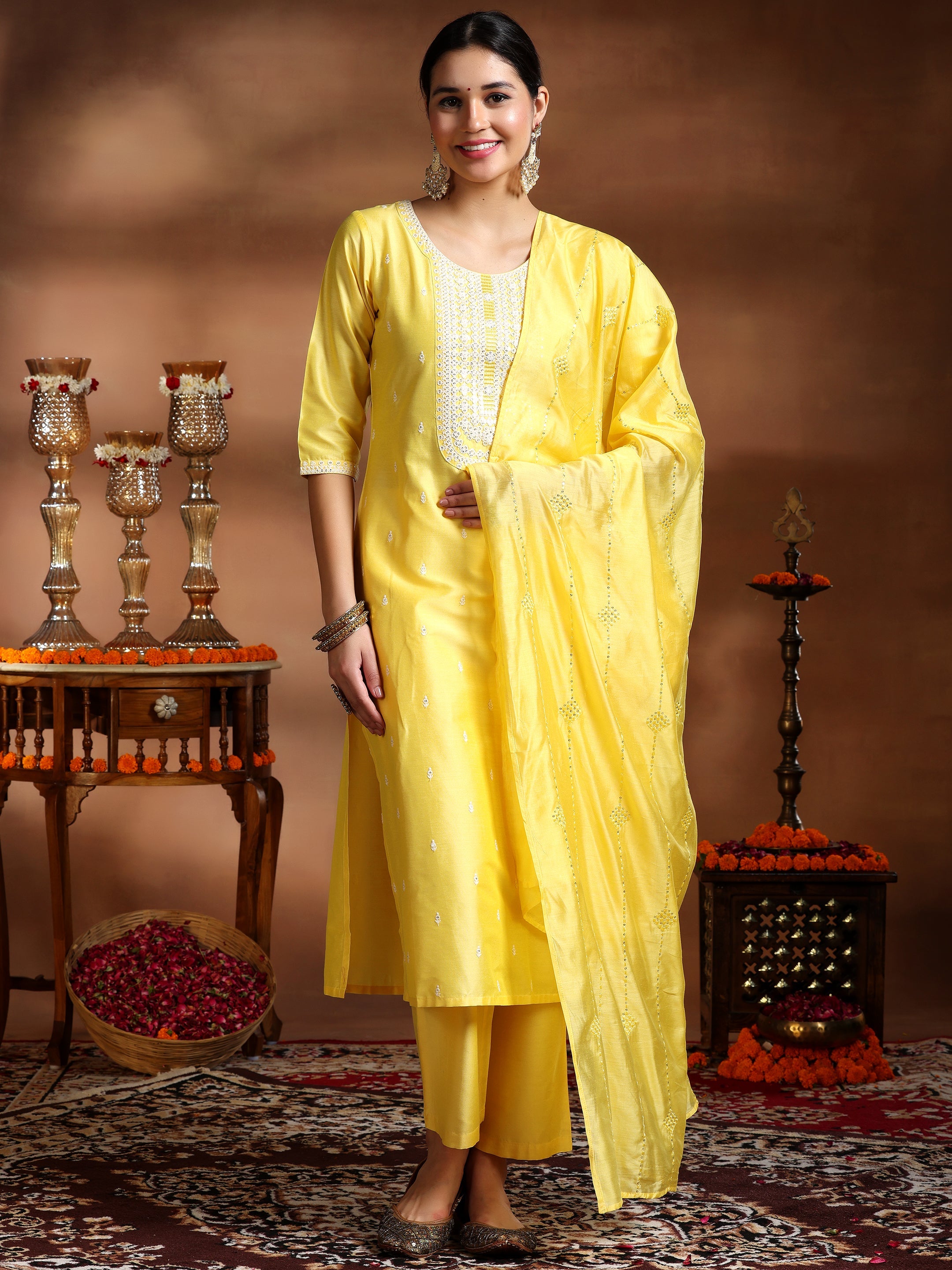 Yellow Embroidered Silk Blend Straight Suit With Dupatta