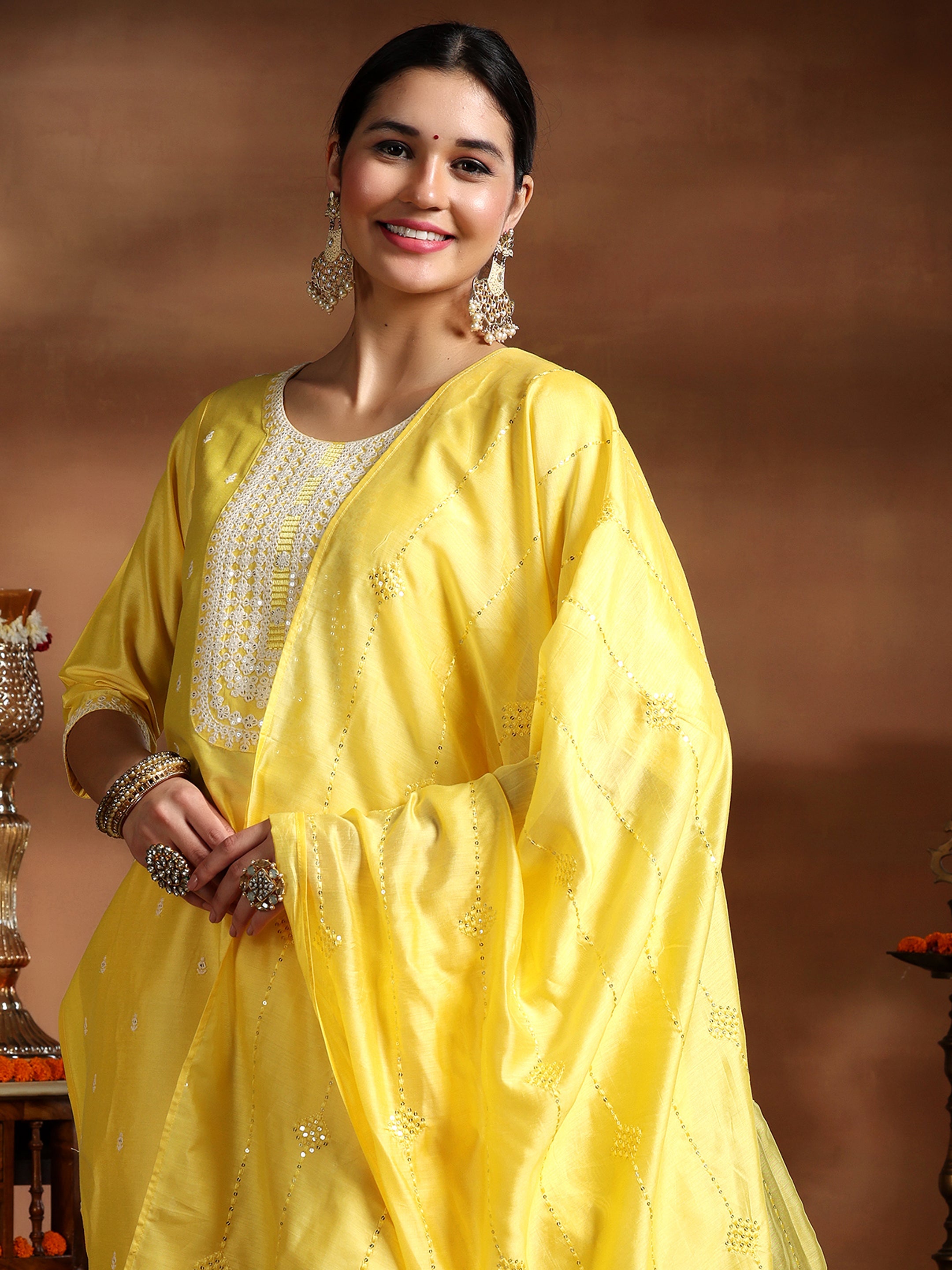 Yellow Embroidered Silk Blend Straight Suit With Dupatta