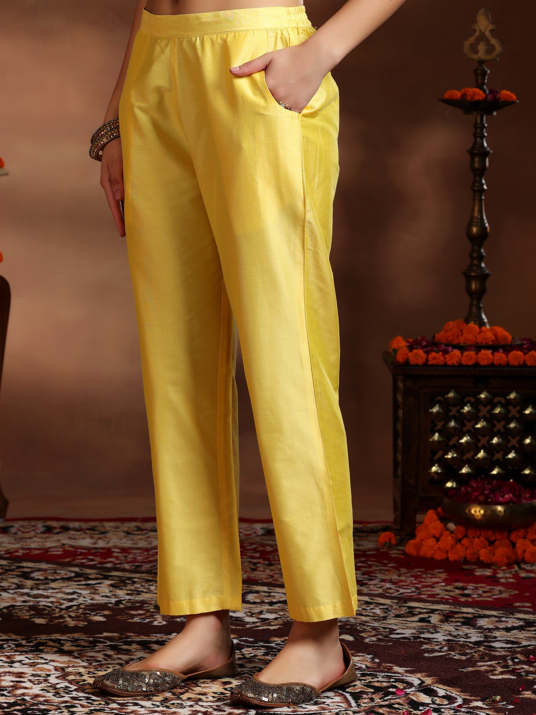 Yellow Embroidered Silk Blend Straight Suit With Dupatta