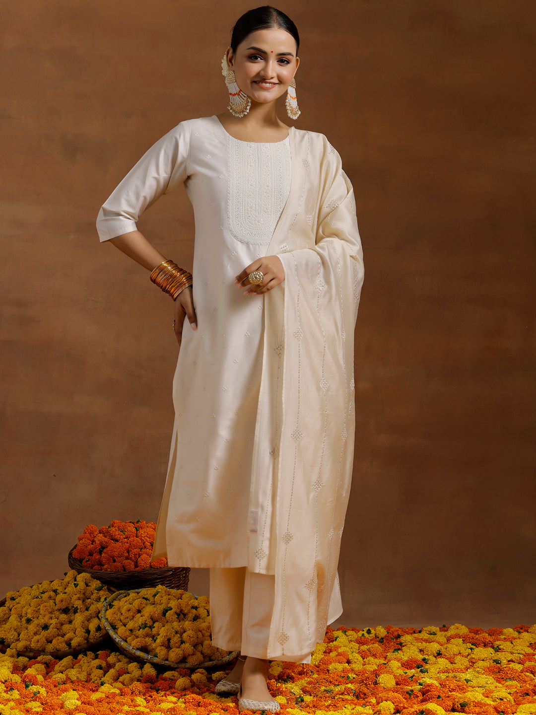 Off White Embroidered Silk Blend Straight Suit With Dupatta