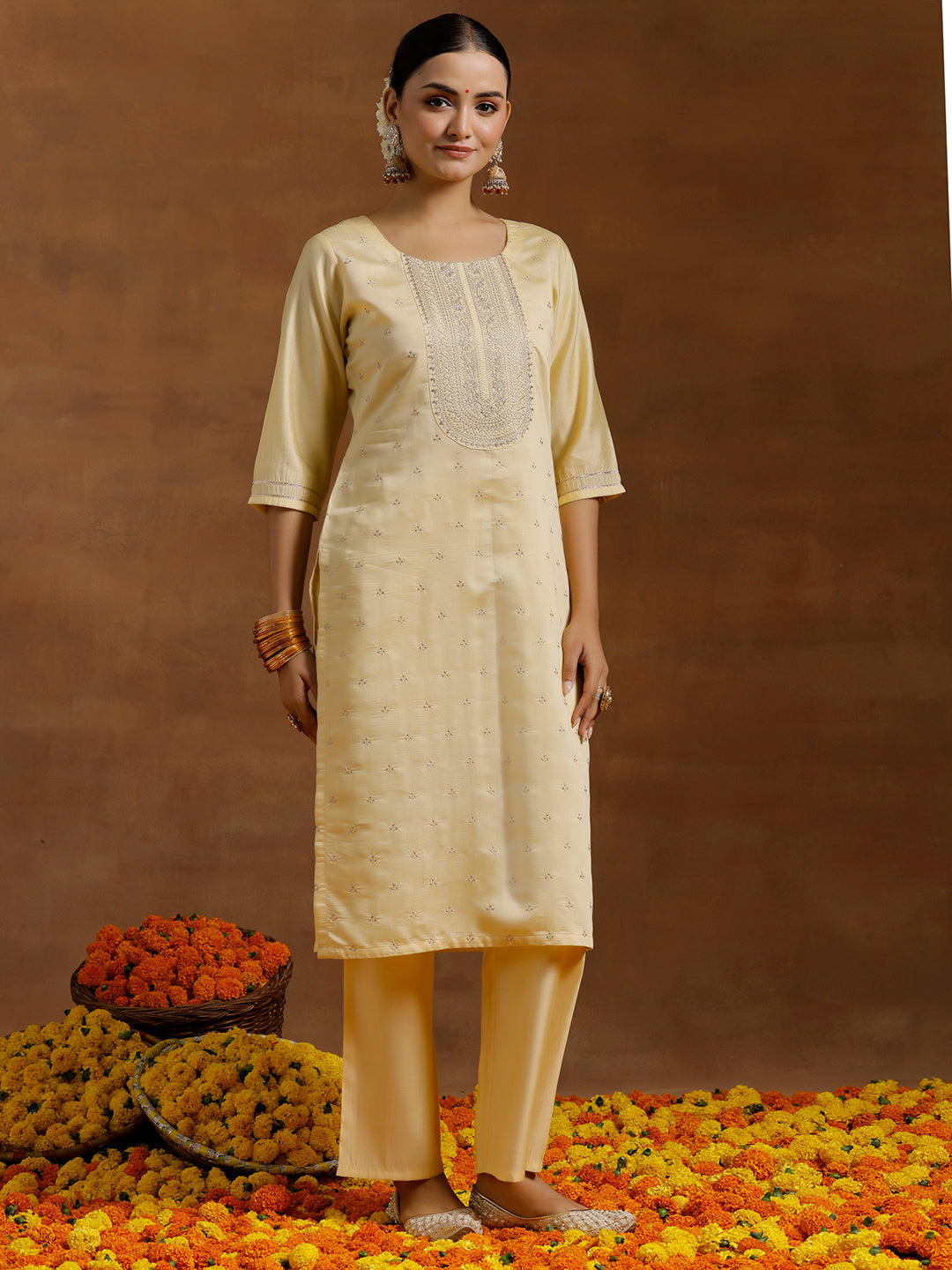 Lime Yellow Embroidered Silk Blend Straight Suit With Dupatta