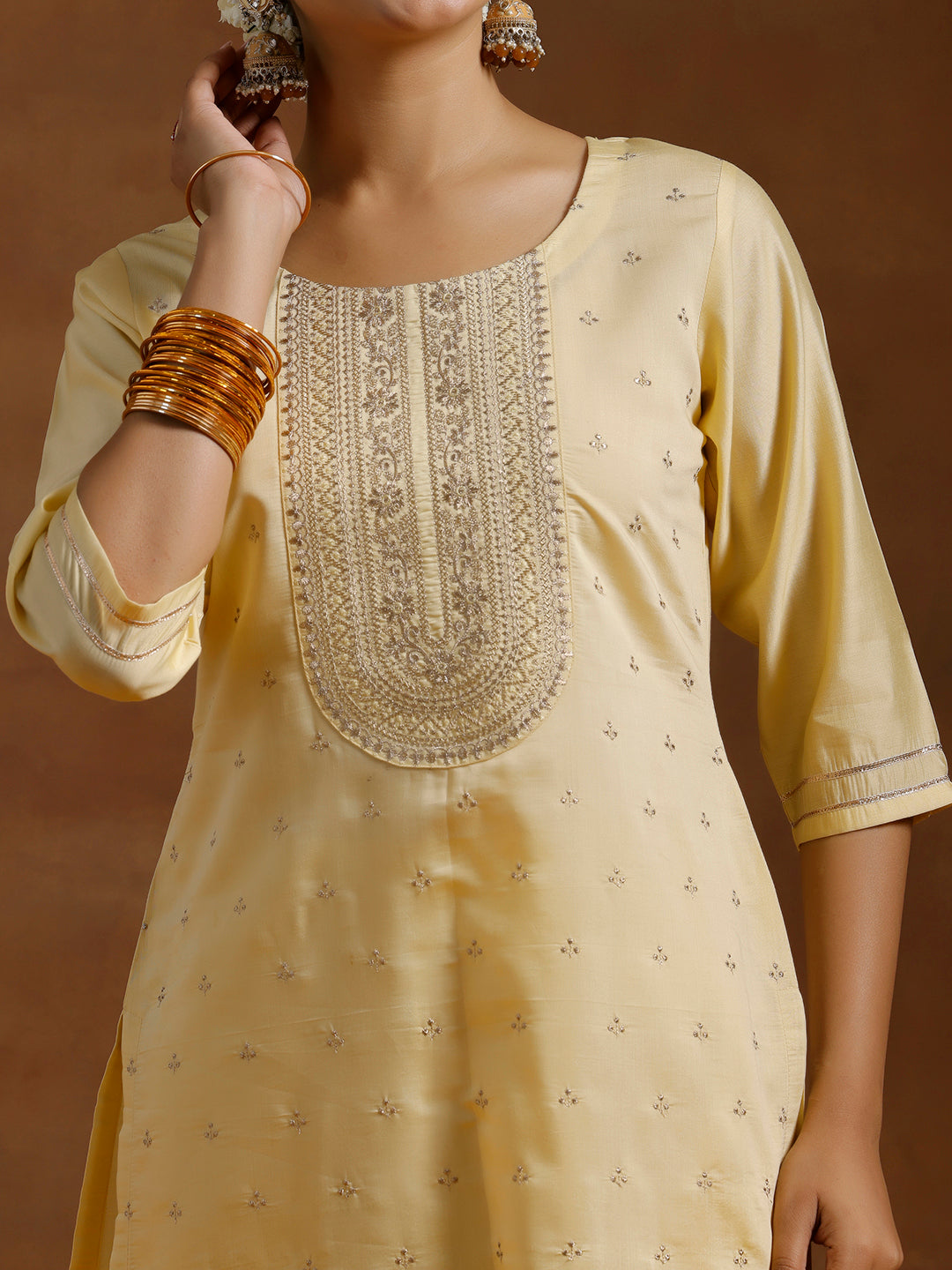 Lime Yellow Embroidered Silk Blend Straight Suit With Dupatta