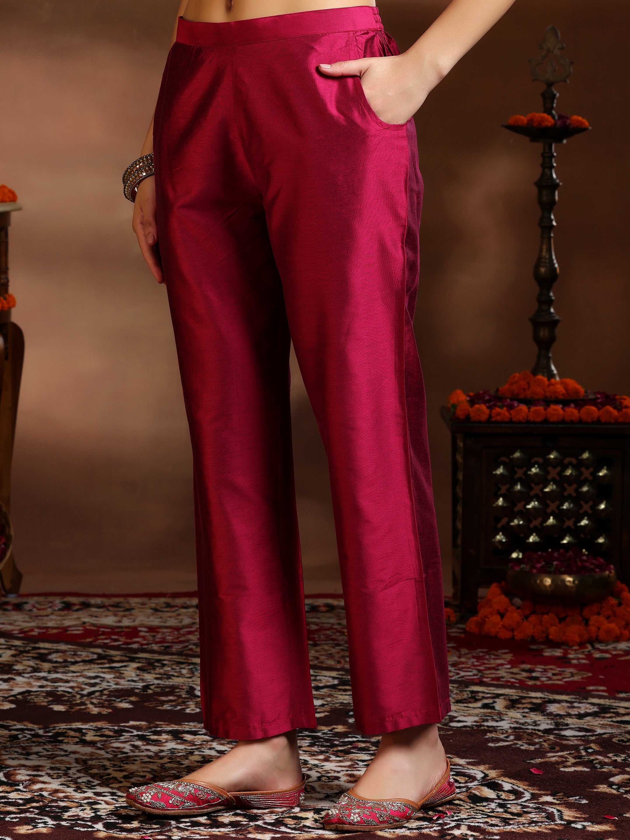 Pink Embroidered Silk Blend Straight Suit With Dupatta