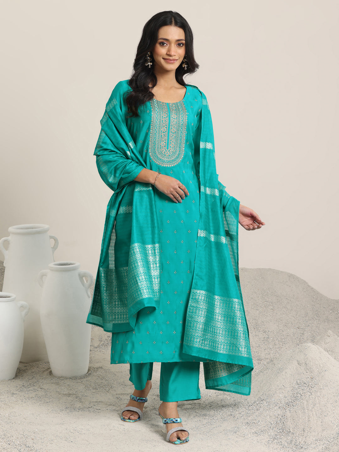 Teal Embroidered Silk Blend Straight Suit With Dupatta