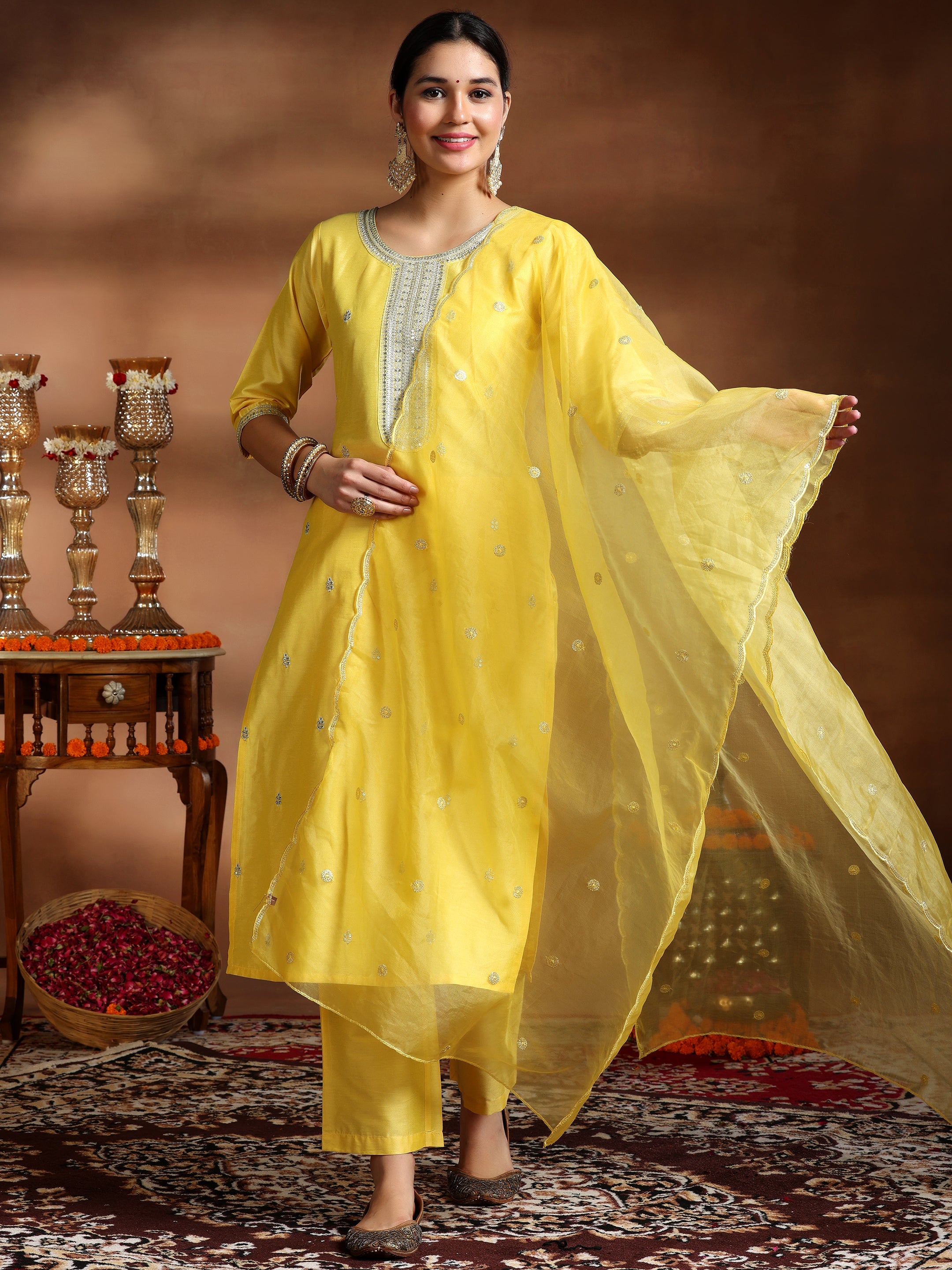 Yellow Embroidered Silk Blend Straight Suit With Dupatta