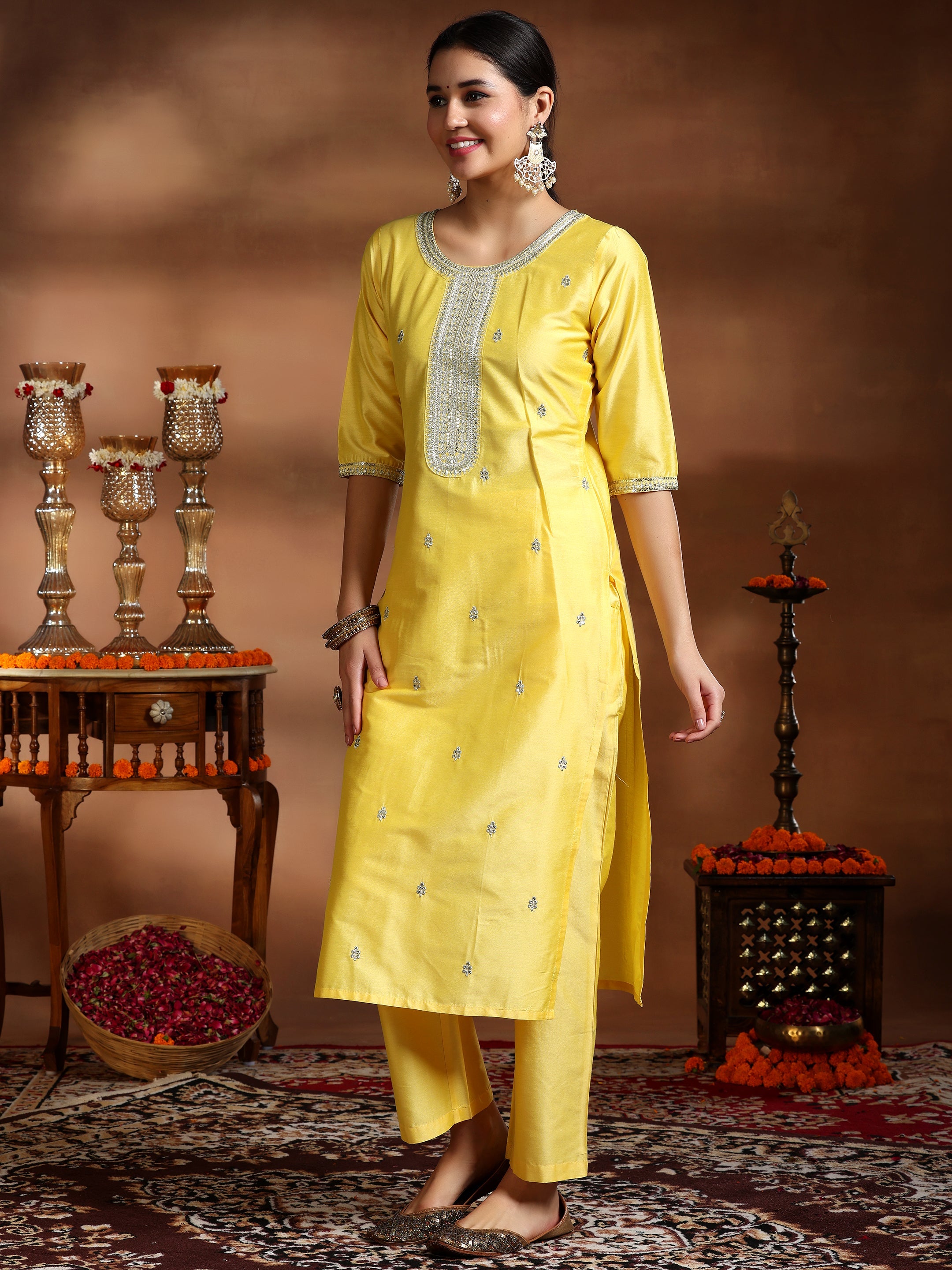 Yellow Embroidered Silk Blend Straight Suit With Dupatta