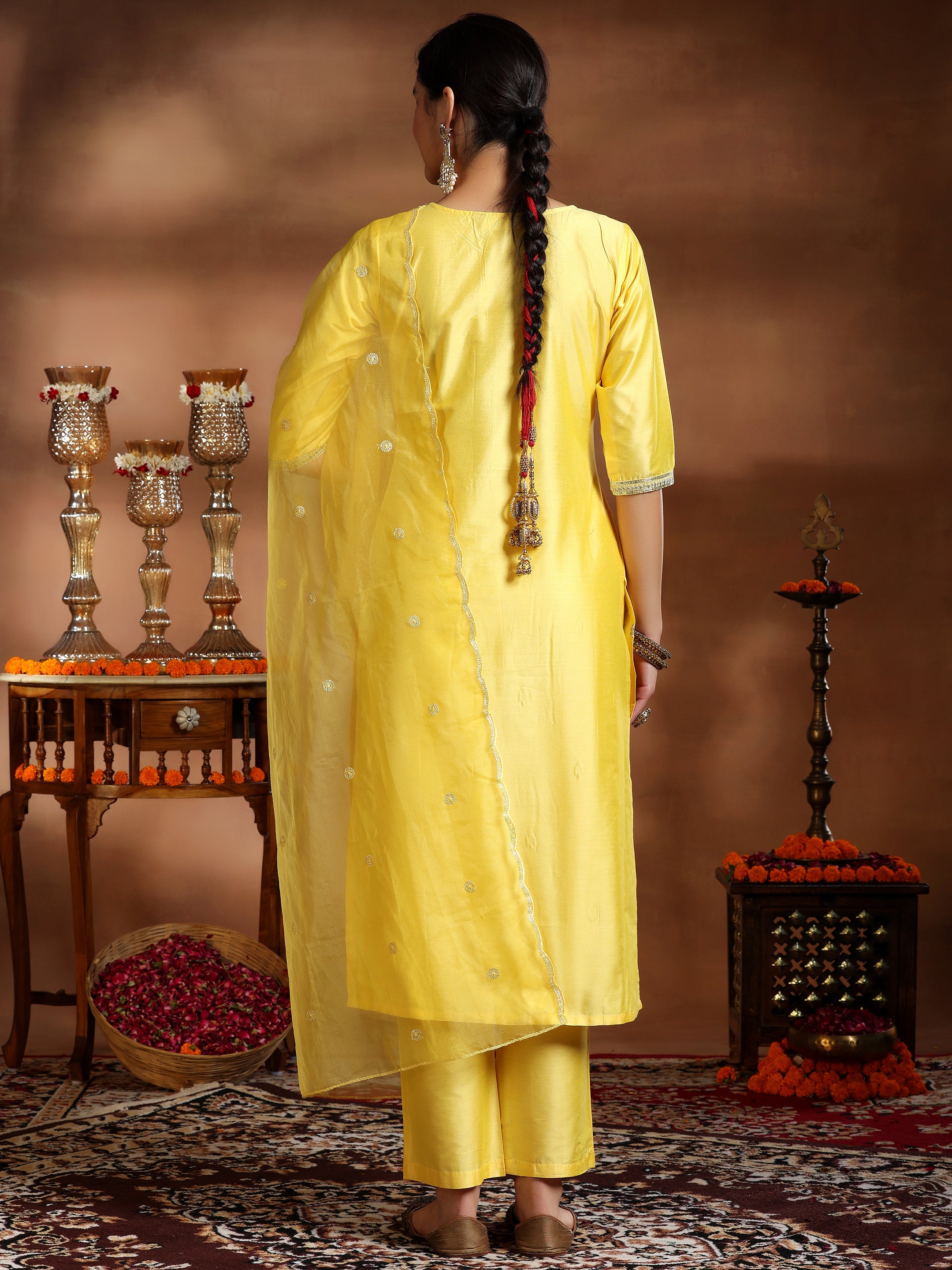 Yellow Embroidered Silk Blend Straight Suit With Dupatta