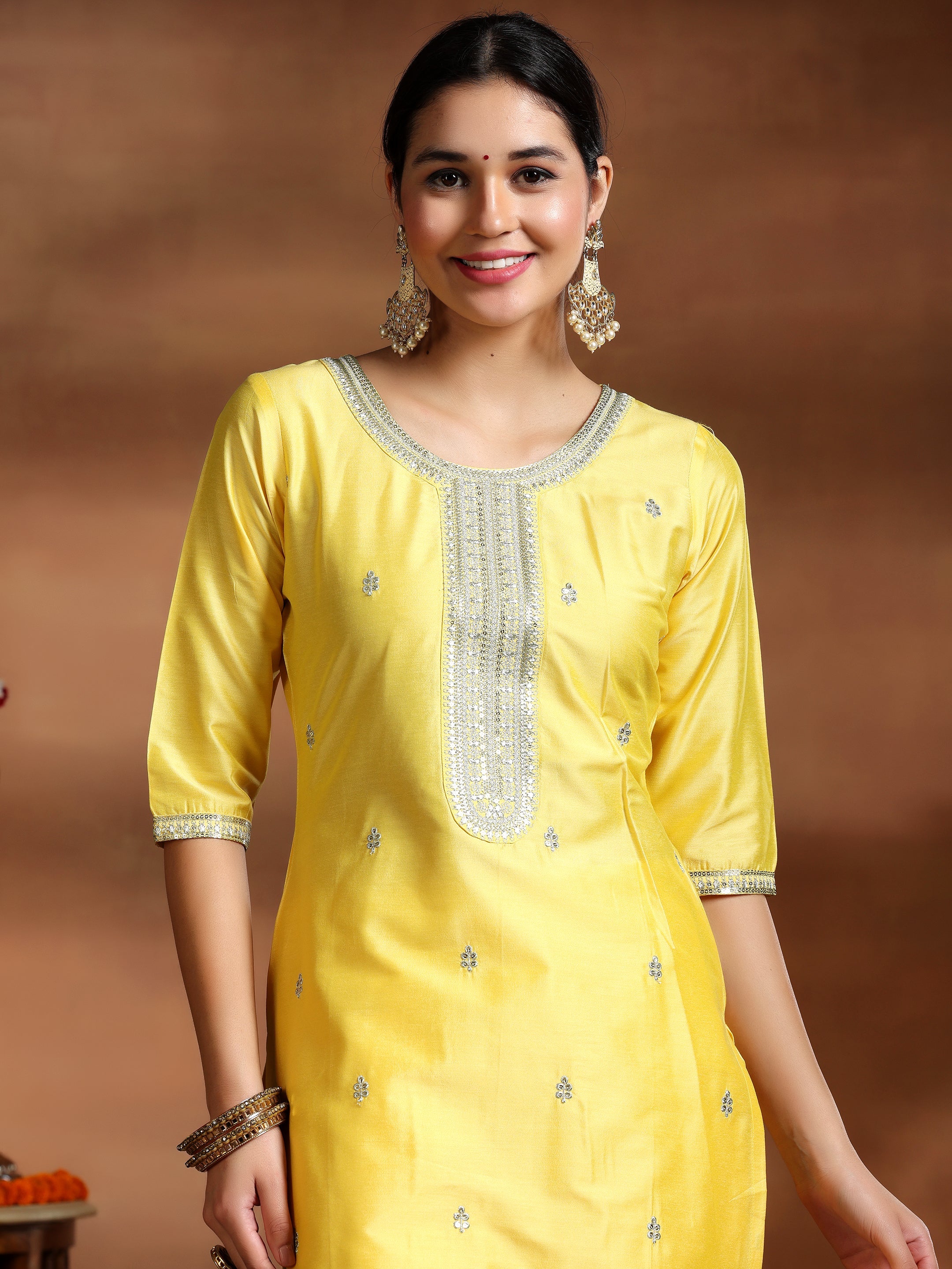 Yellow Embroidered Silk Blend Straight Suit With Dupatta