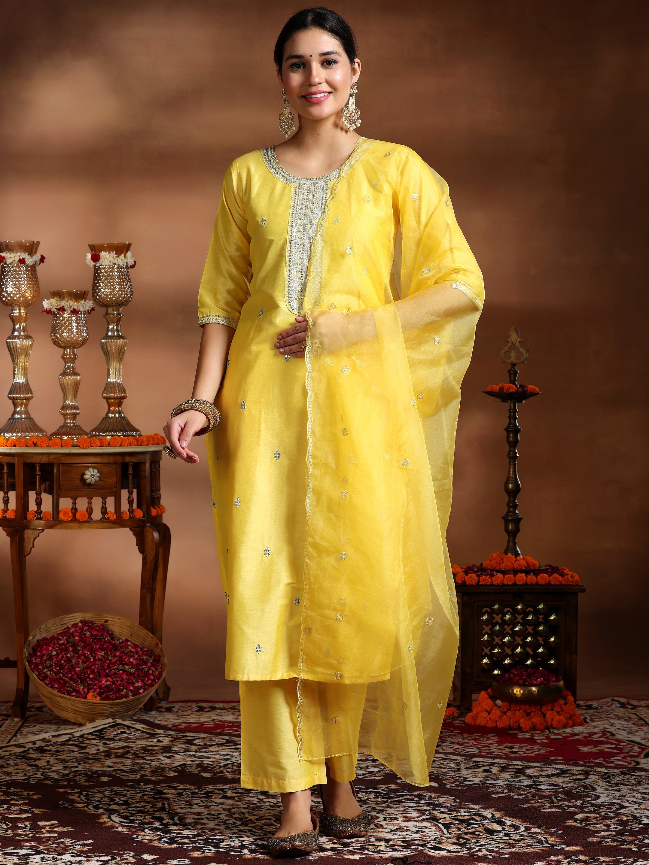 Yellow Embroidered Silk Blend Straight Suit With Dupatta