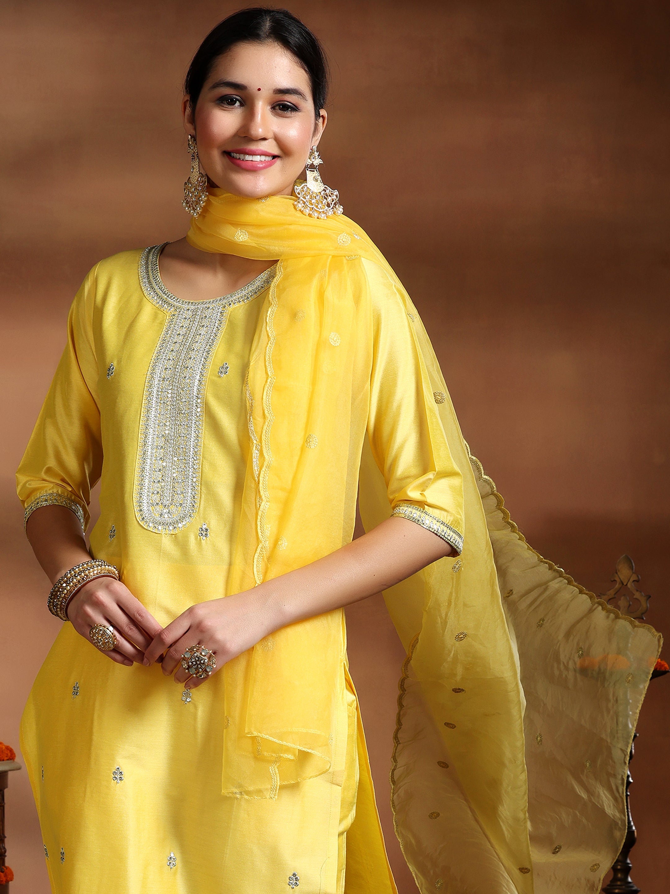 Yellow Embroidered Silk Blend Straight Suit With Dupatta