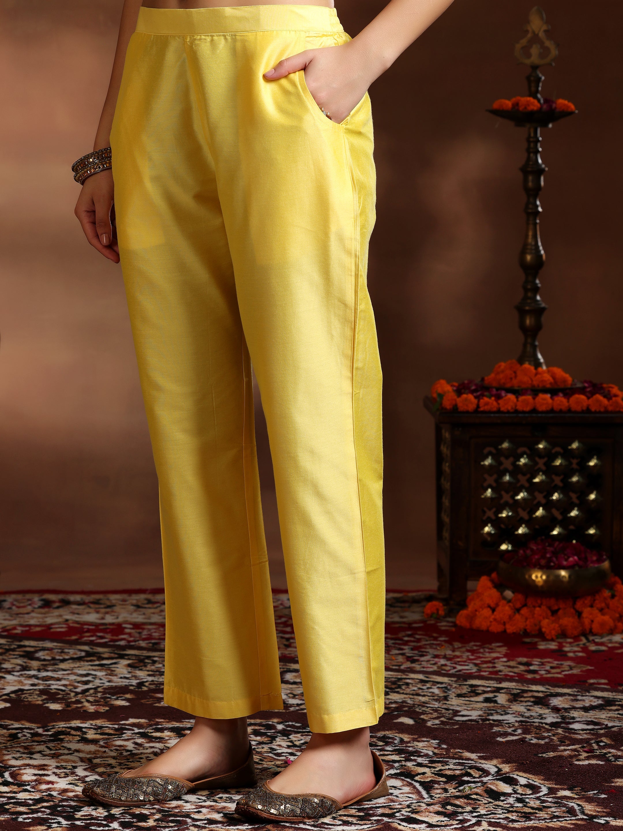 Yellow Embroidered Silk Blend Straight Suit With Dupatta