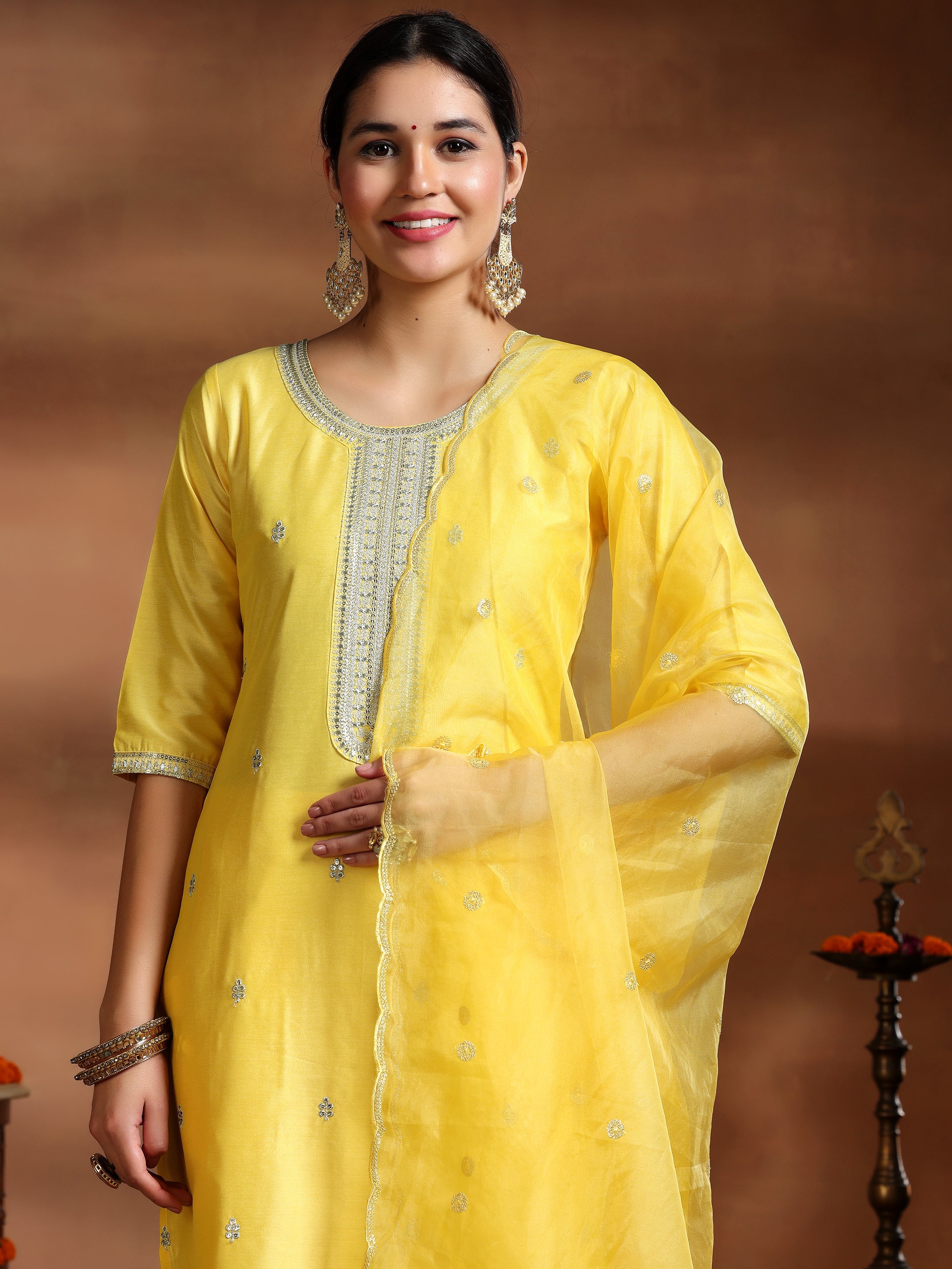 Yellow Embroidered Silk Blend Straight Suit With Dupatta