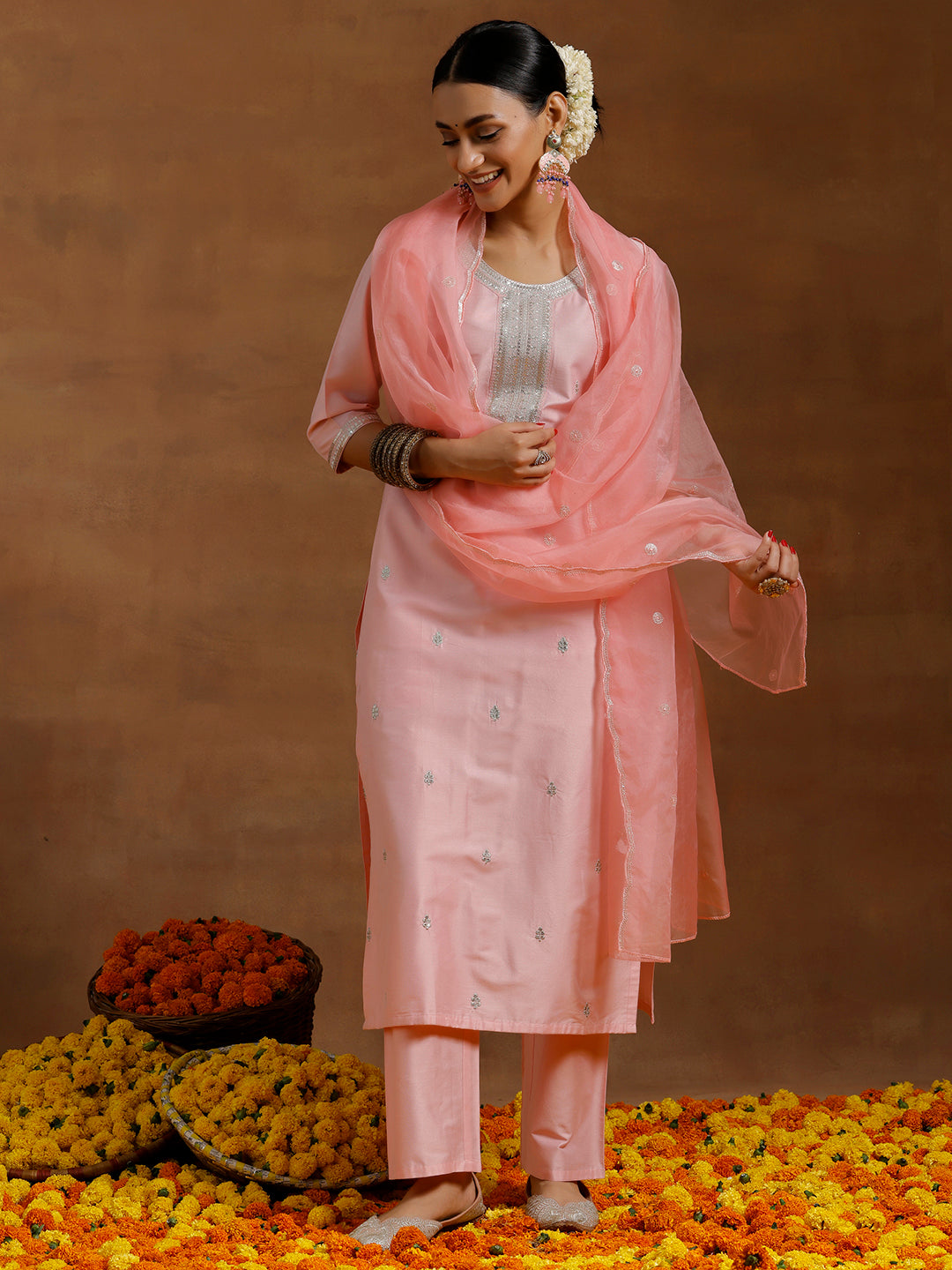 Light Pink Embroidered Silk Blend Straight Suit With Dupatta