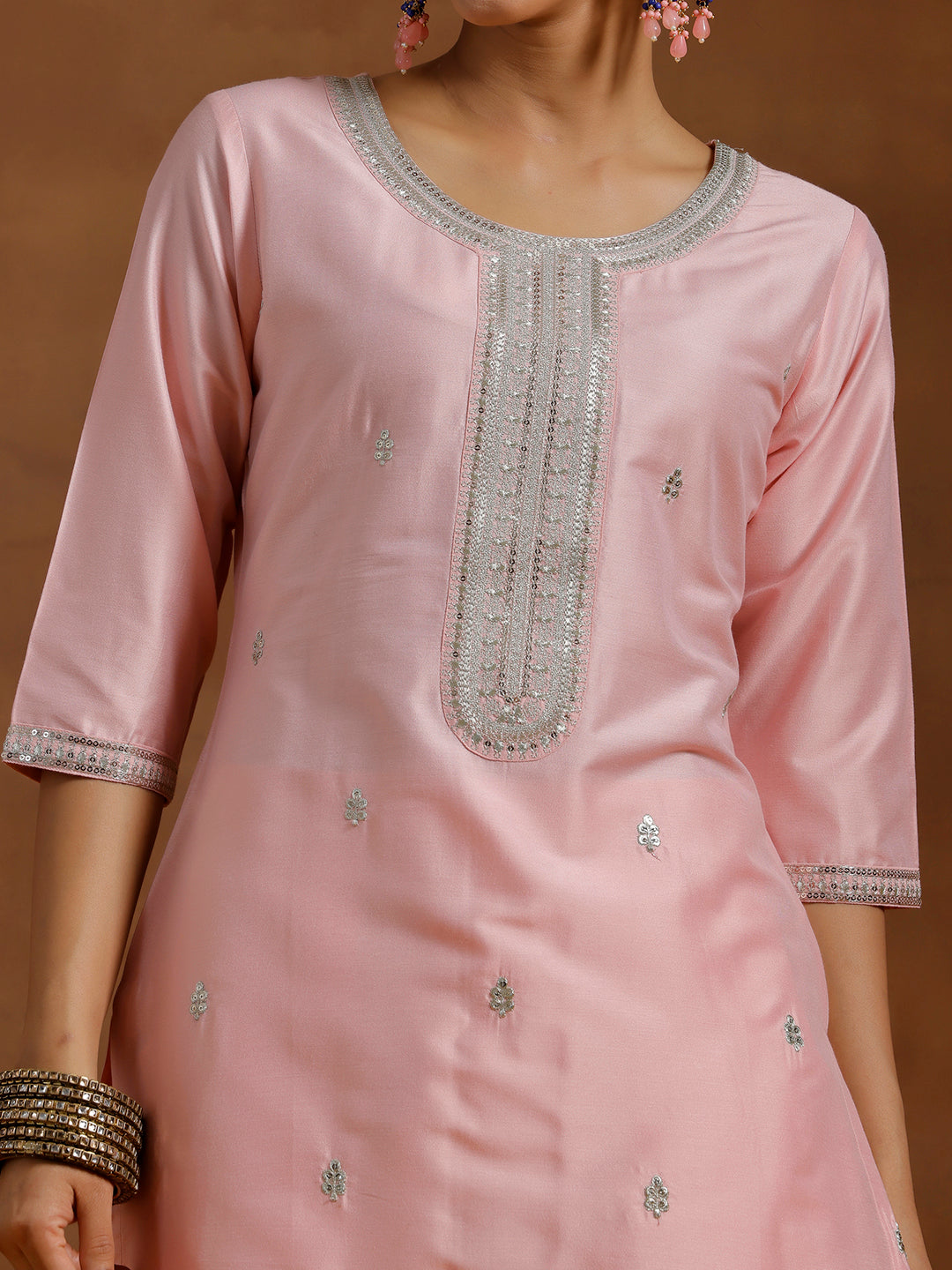 Light Pink Embroidered Silk Blend Straight Suit With Dupatta