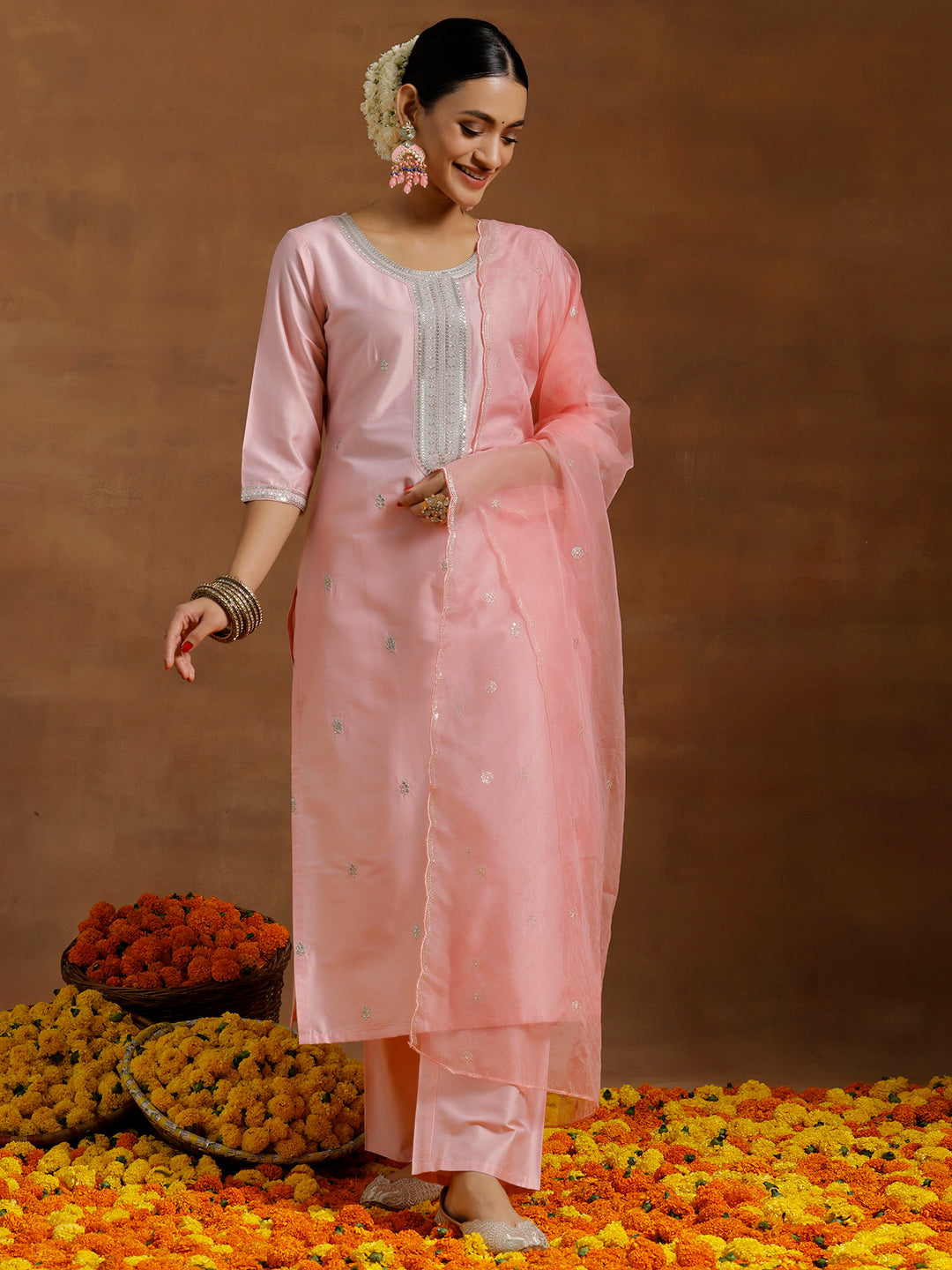 Light Pink Embroidered Silk Blend Straight Suit With Dupatta