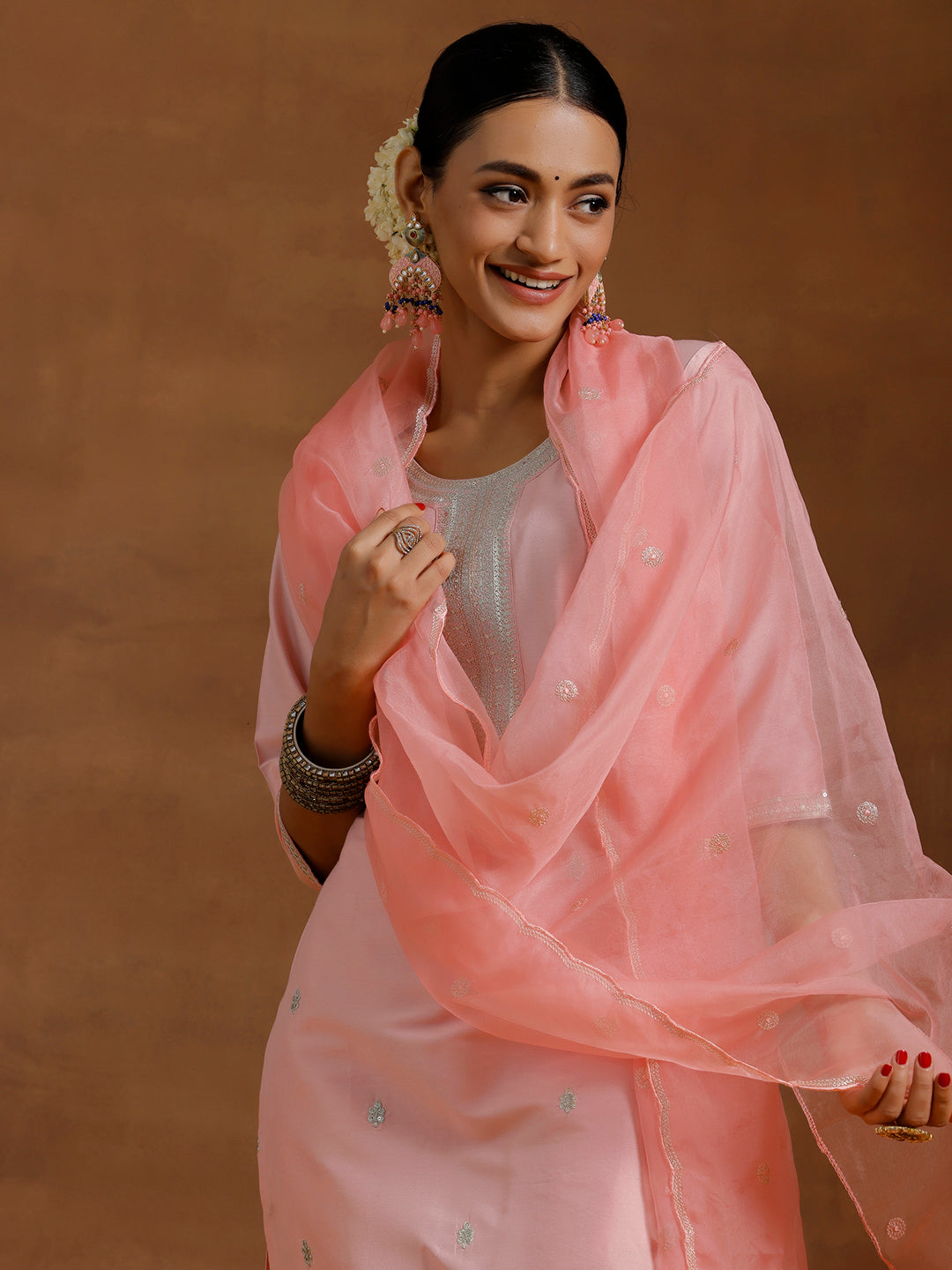 Light Pink Embroidered Silk Blend Straight Suit With Dupatta